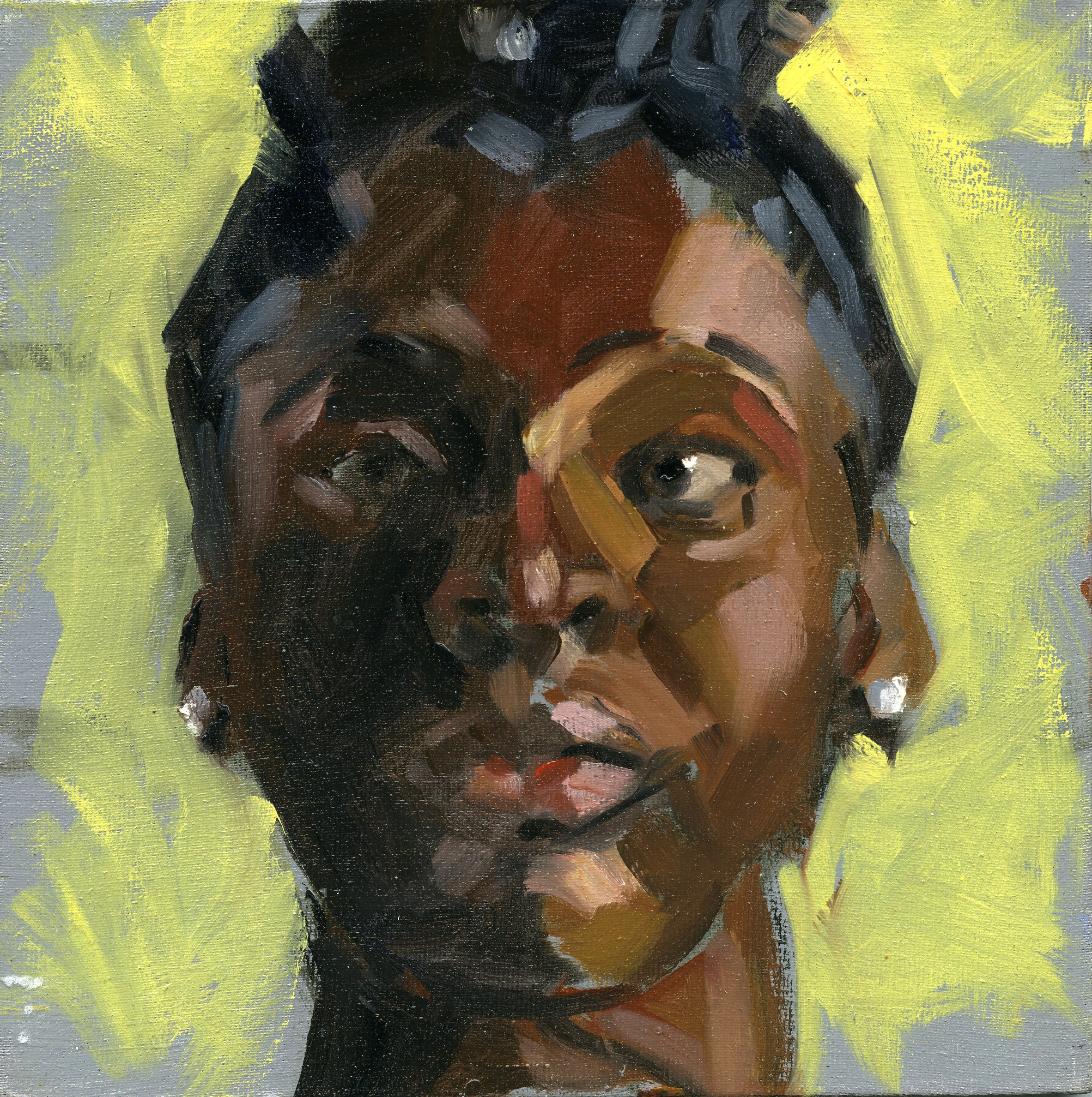 A oil portrait  painting of a woman with dark curly hair, dark eyebrows, and dark eyes. The background is bright yellow, and the brushstrokes are visible.