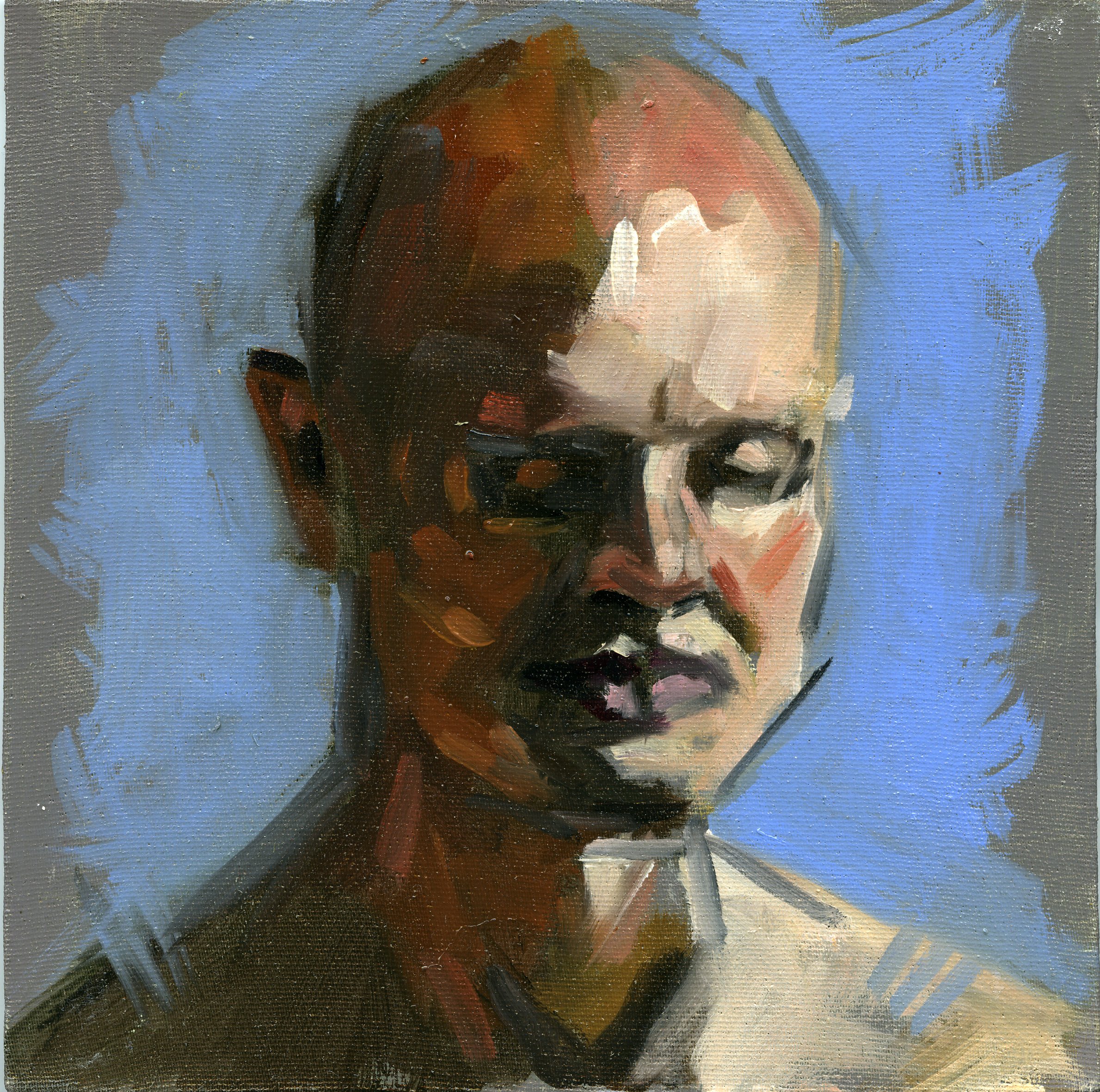 An oil portrait painting of a man with bold brushstrokes in shades of blue, brown, black, white, and peach.