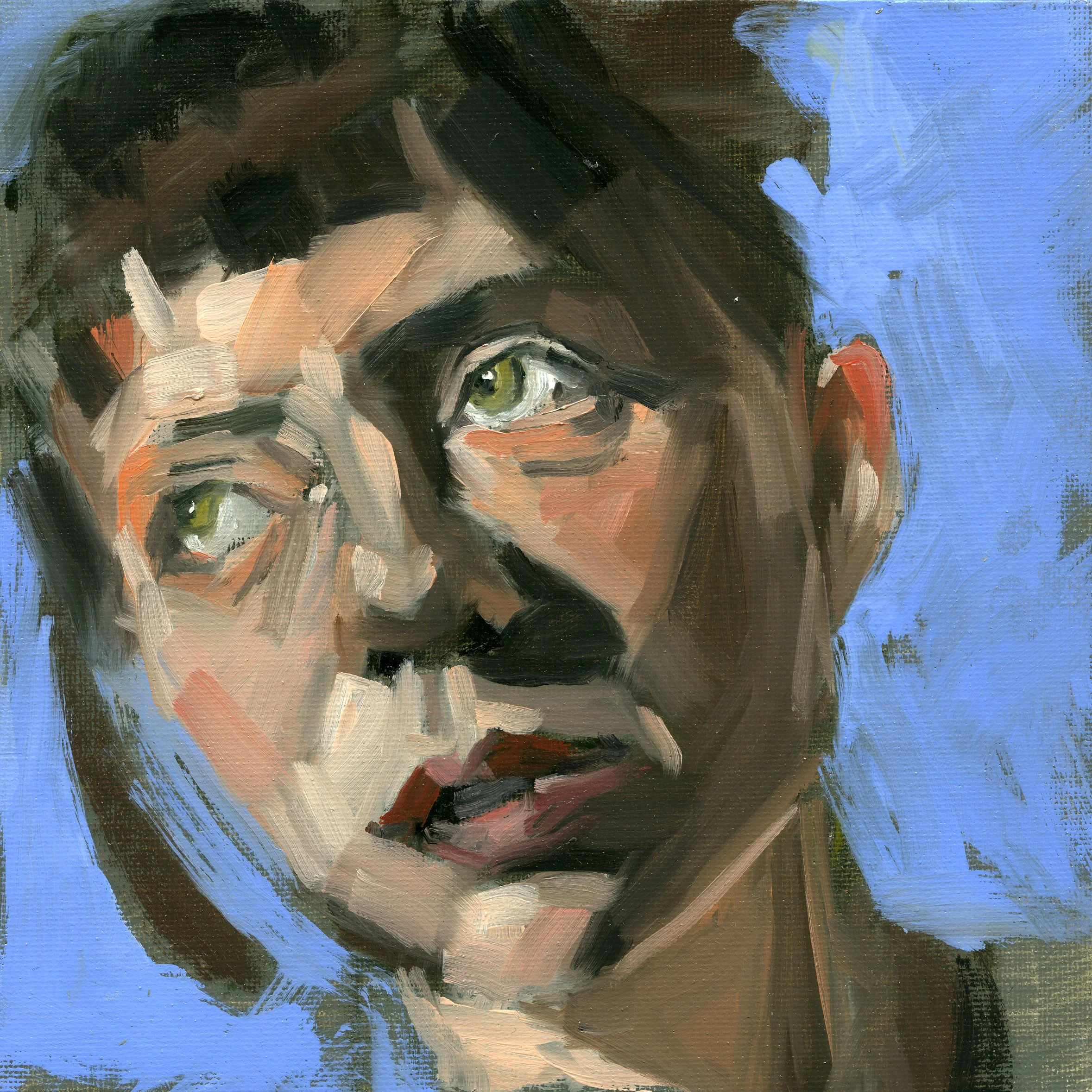 Close-up of an abstract painting of a girl's face with green eyes, dark hair, using broad brushstrokes in earthy tones and blue background.