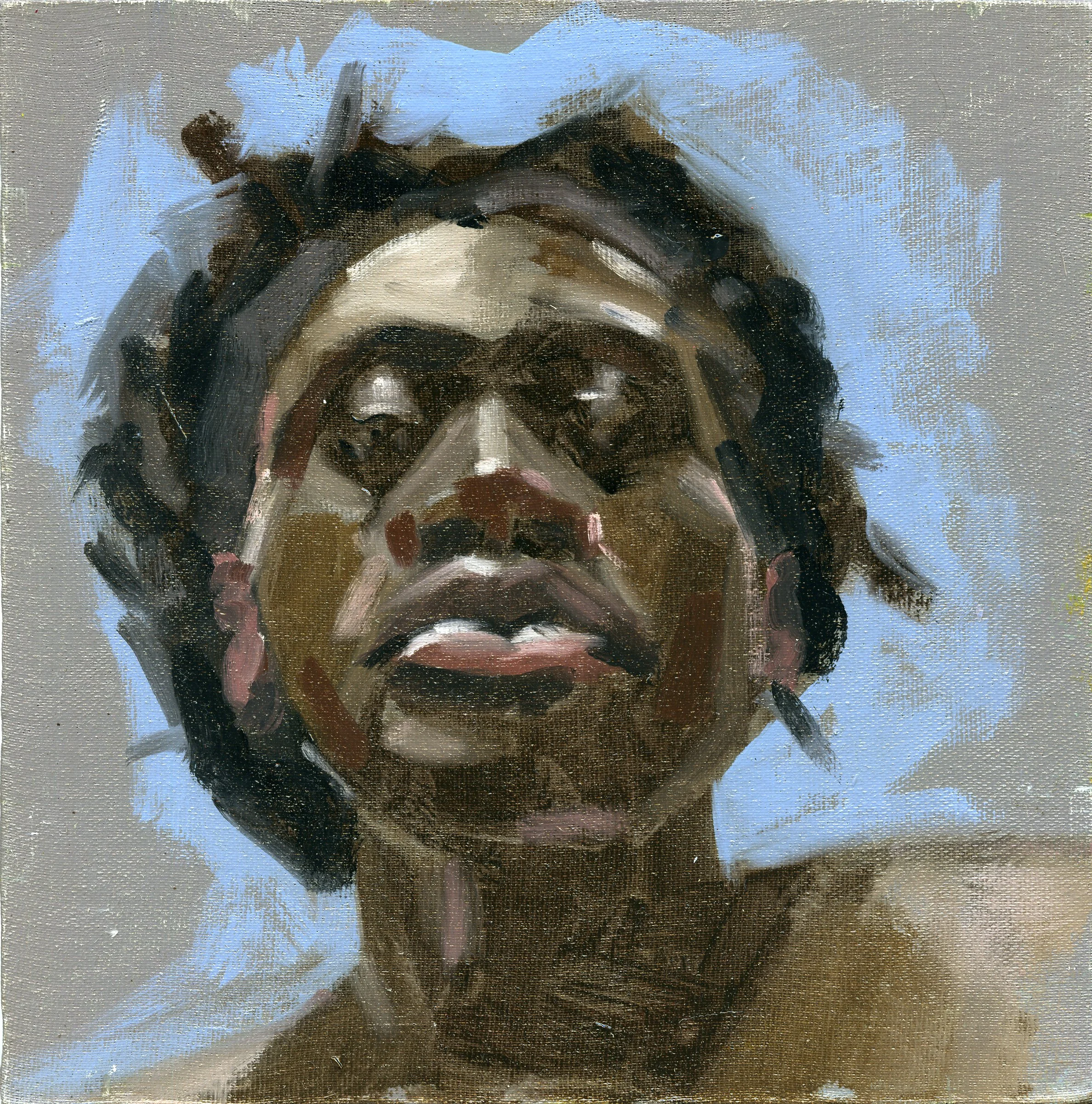 Close-up of a painting featuring a woman with dark curly hair, with a light blue background.