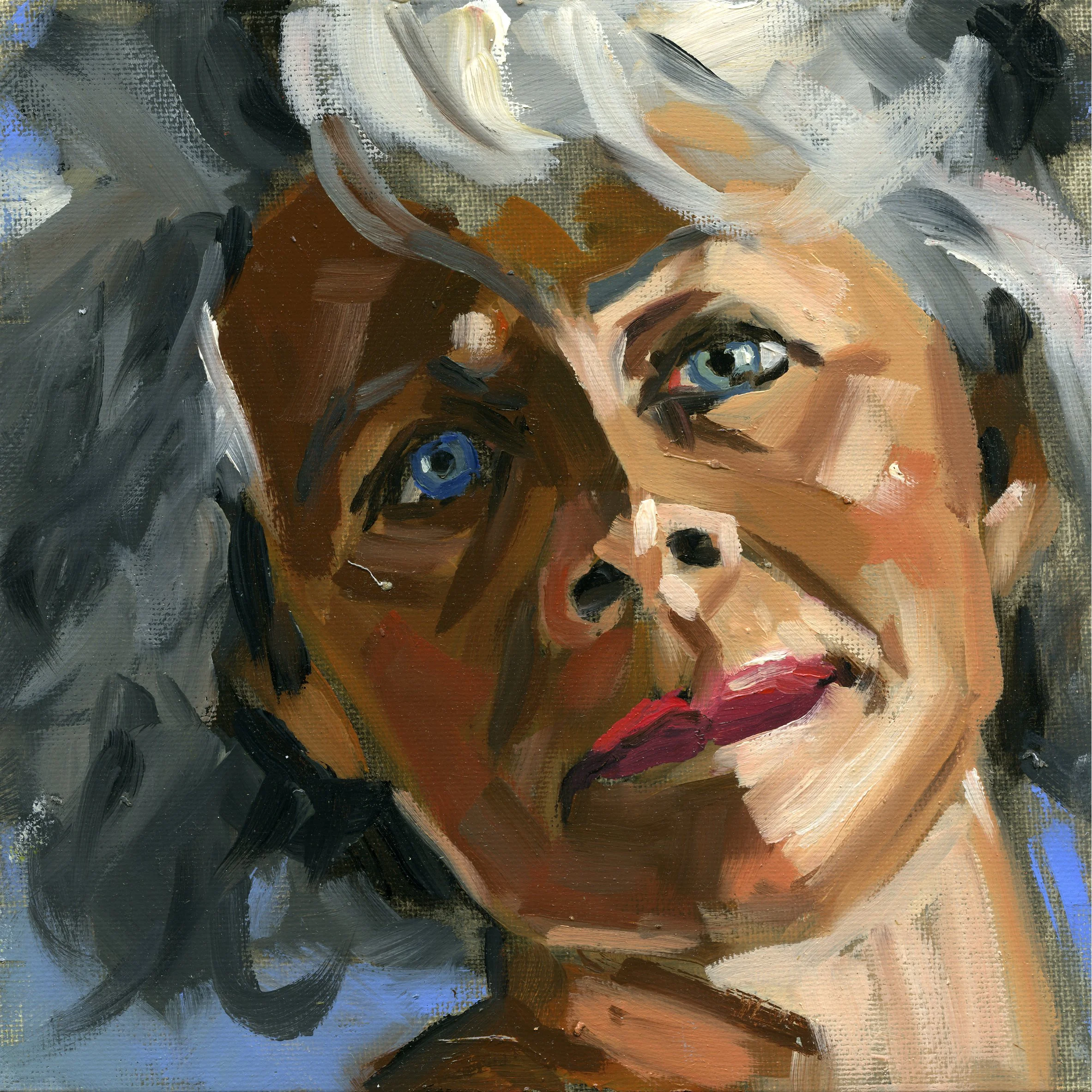 A close-up of an oil portrait of a woman featuring broad brushstrokes in shades of brown, grey, cream, black, and hints of blue.