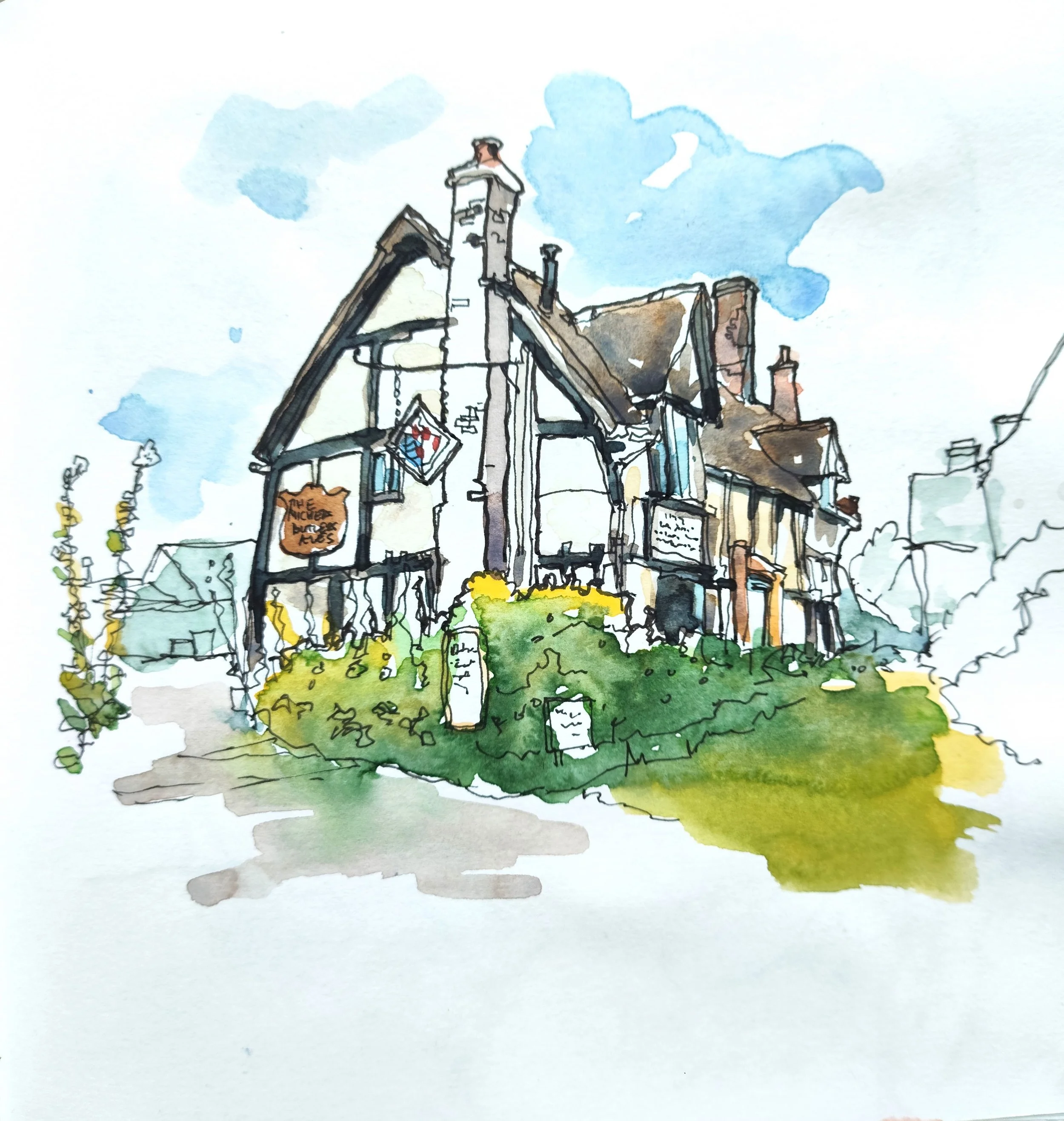 Watercolor painting of The Fleece Inn, Bretforton.