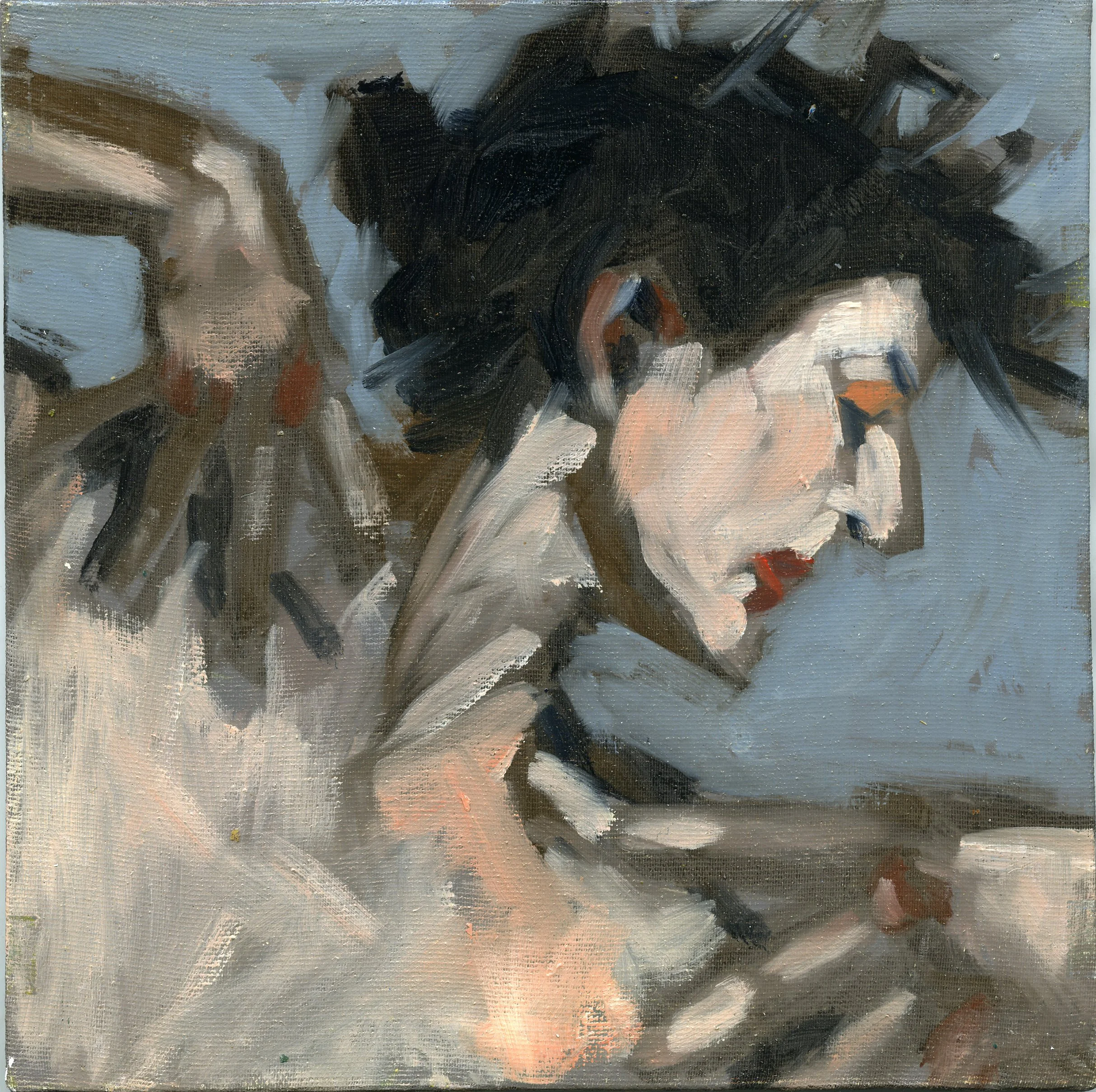 An abstract painting of a side profile of a woman with broad brushstrokes in shades of grey, black, white, and hints of peach and orange.