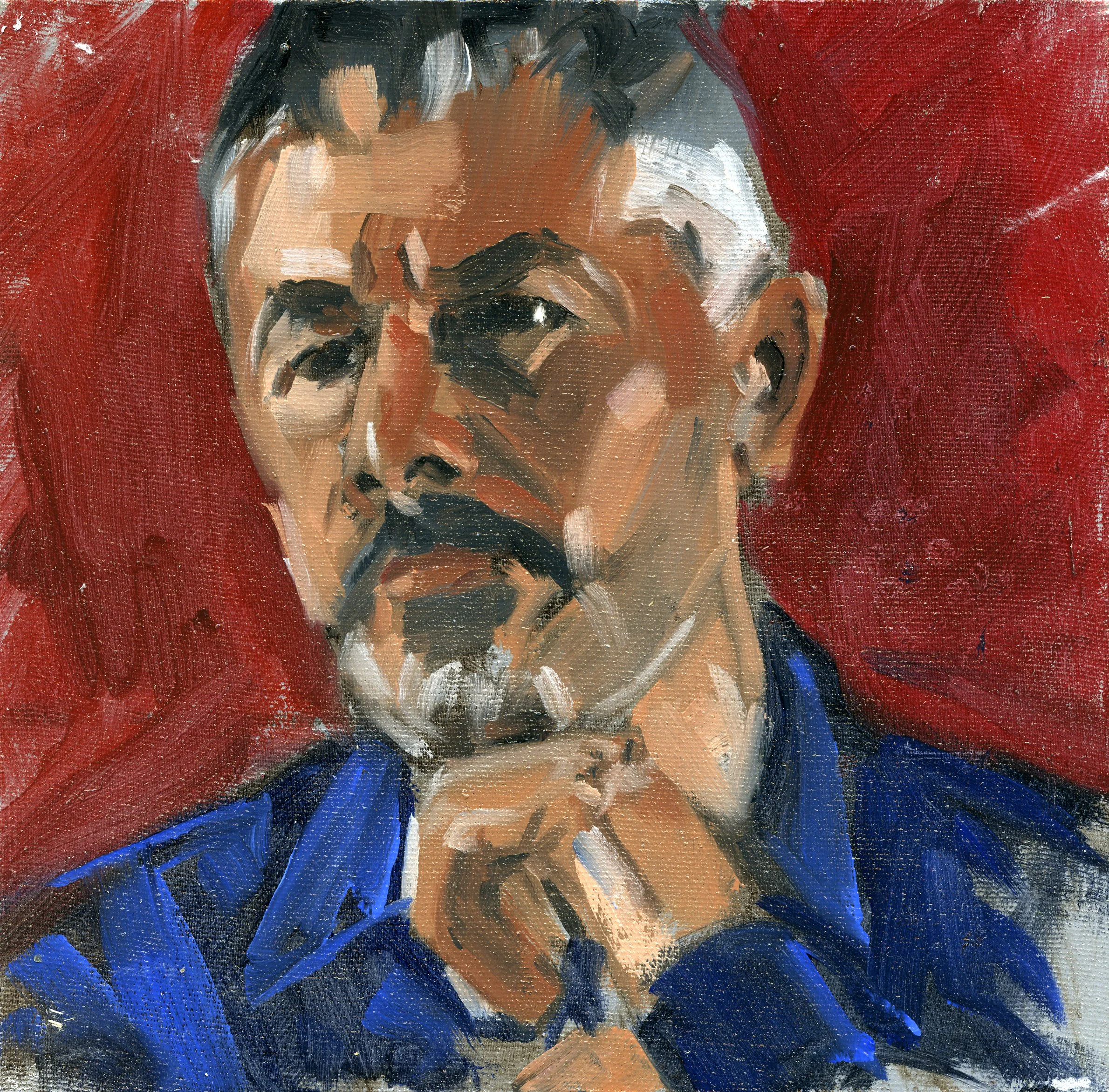 An abstract expressionist painting of a man with dark hair, with a relaxed look, depicted with bold brush strokes in earth tones, against a red and dark background.
