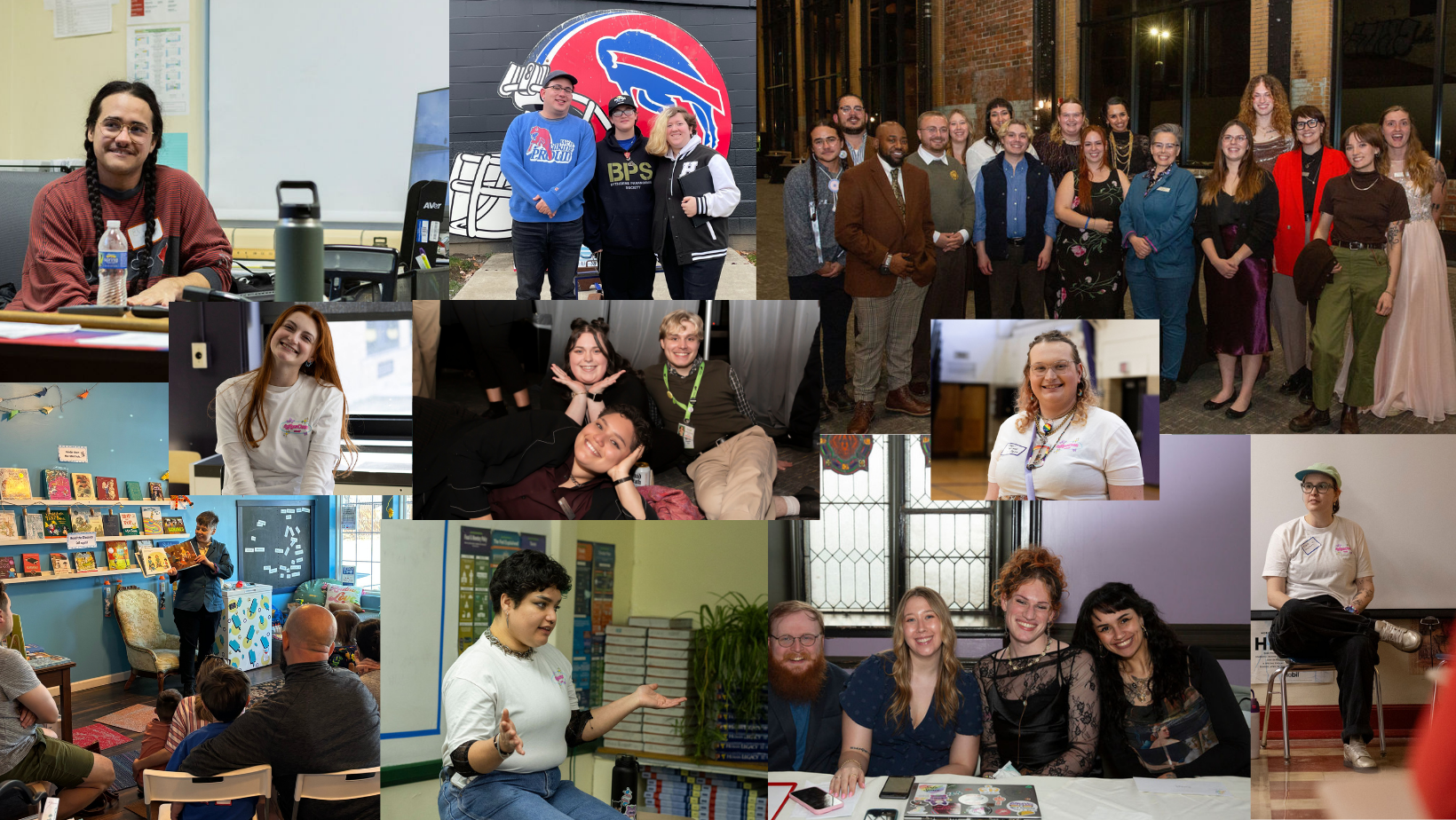 Collage of diverse groups of people at various events, including a woman in a red sweater at a desk, group photos, a woman with books, a teacher speaking to students, and people socializing indoors and outdoors.