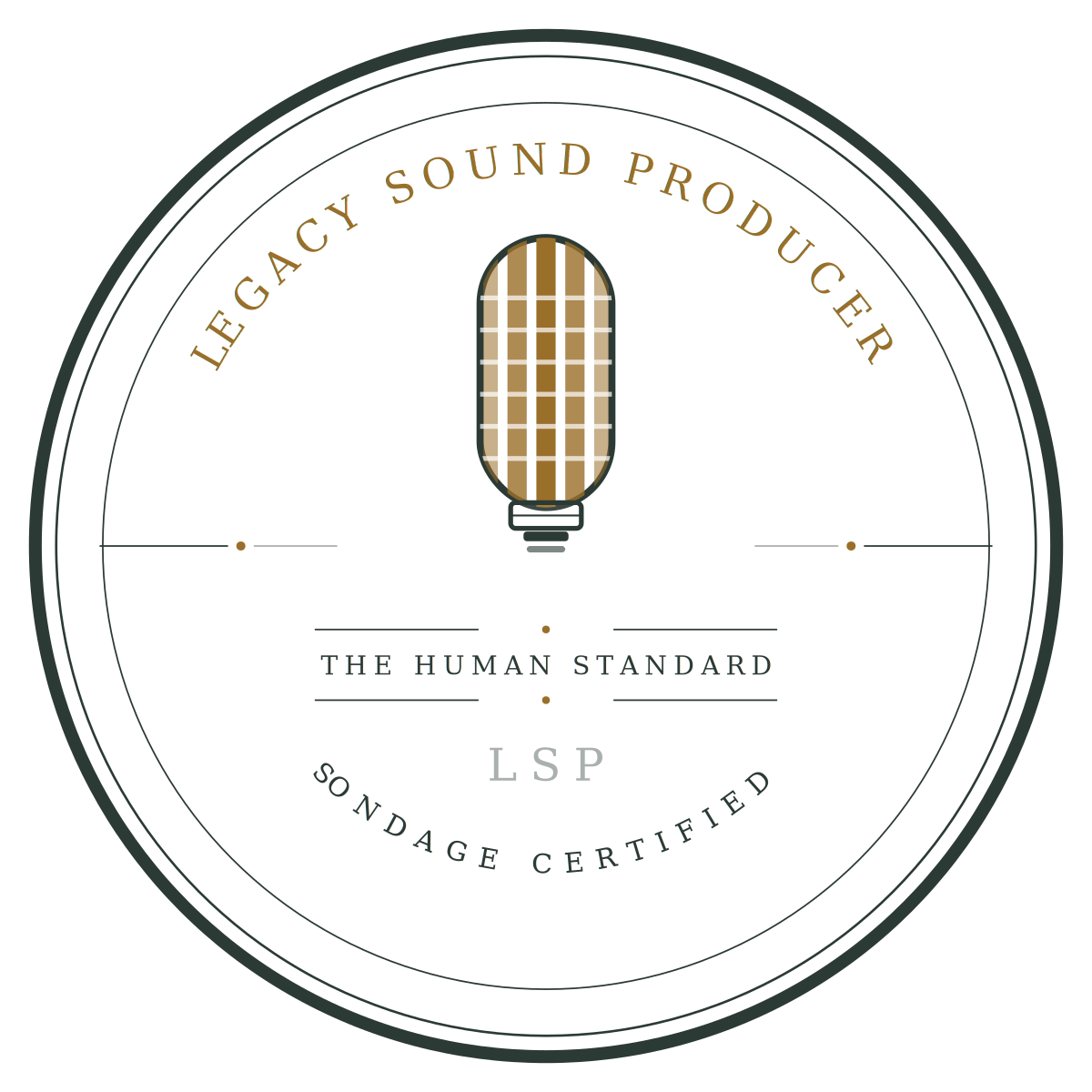 Logo for Legacy Sound Producer featuring a vintage microphone, with text indicating certification standards and sound quality.