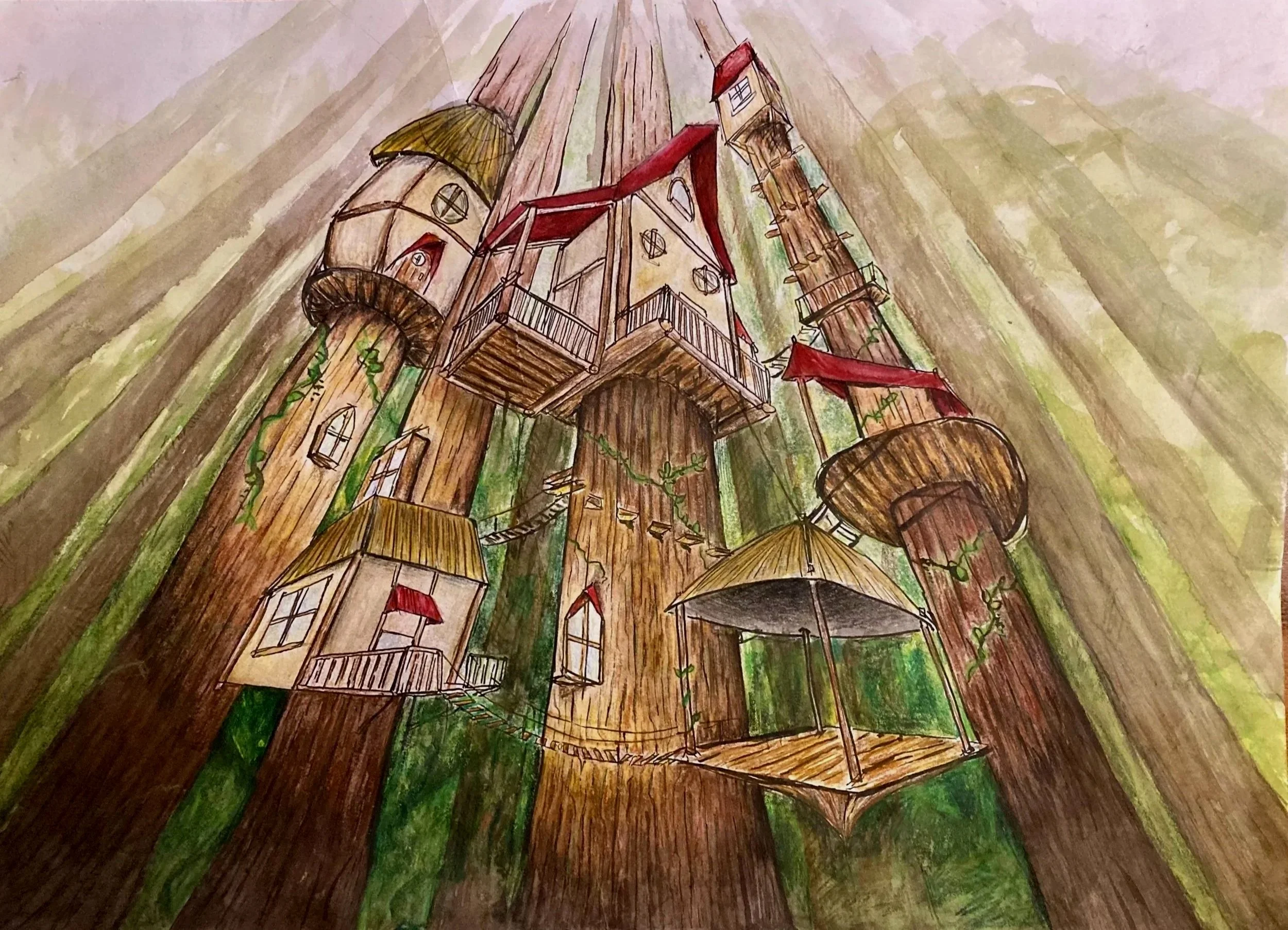 A whimsical illustration of a tall treehouse built into giant trees with multiple levels, towers, balconies, and red roofs, surrounded by green foliage.