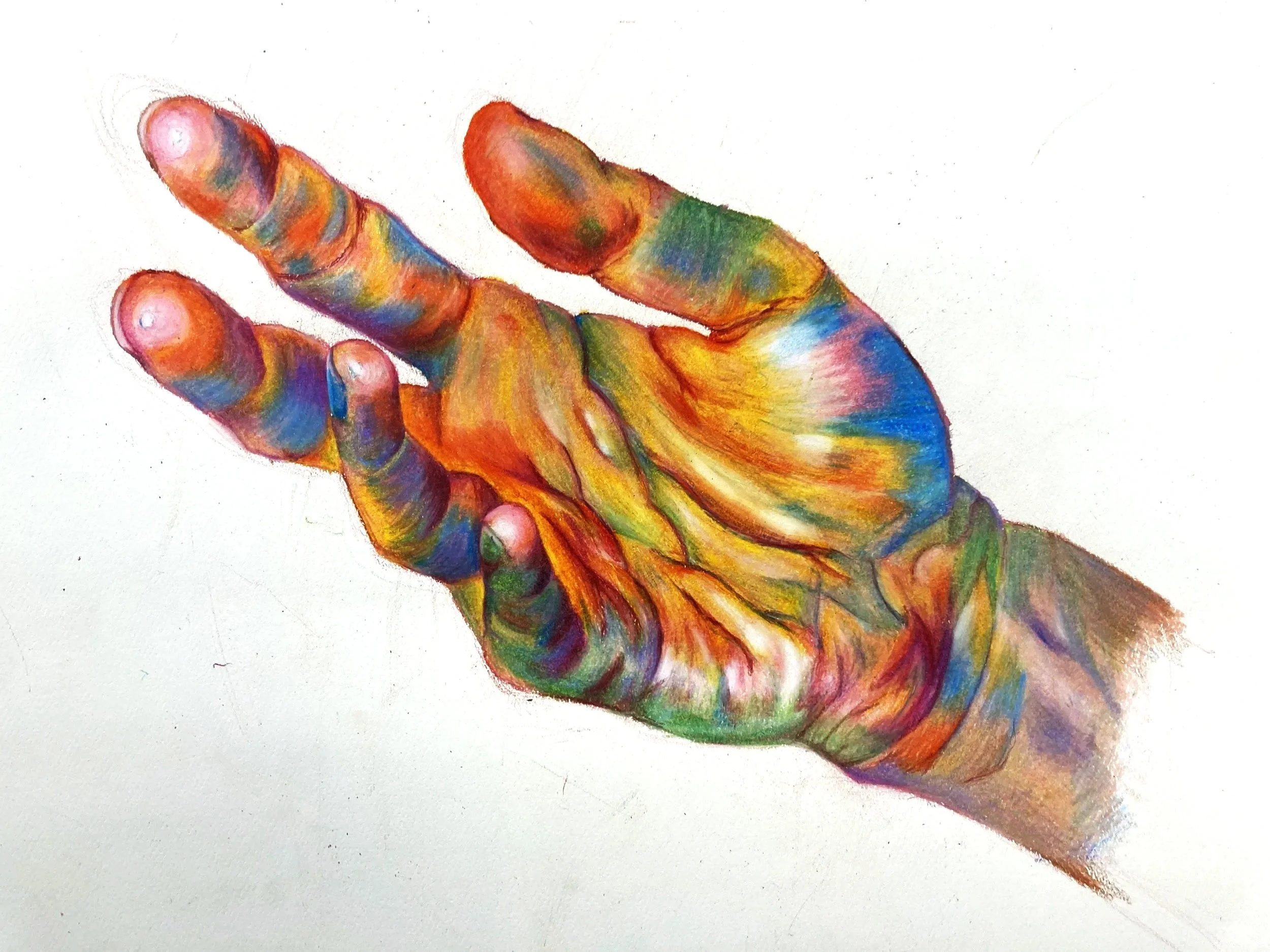 Colorful painting of a hand with fingers partially closed on a white background.