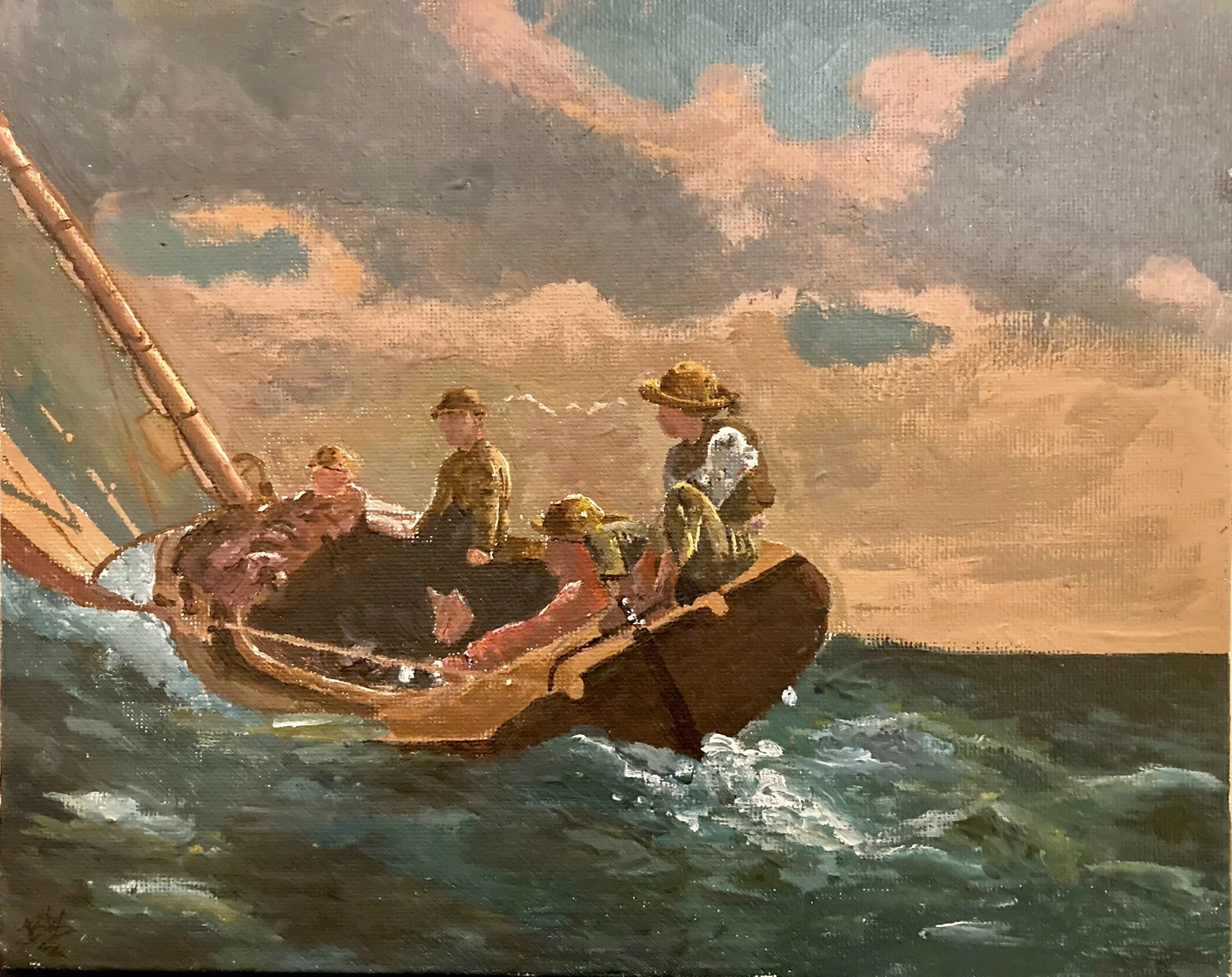 A painting of four people on a small boat, sailing on the ocean with a cloudy sky in the background. Two women and two men, all dressed in casual attire, are visible. One woman is sitting and holding a bottle, while the others are engaged in activiti