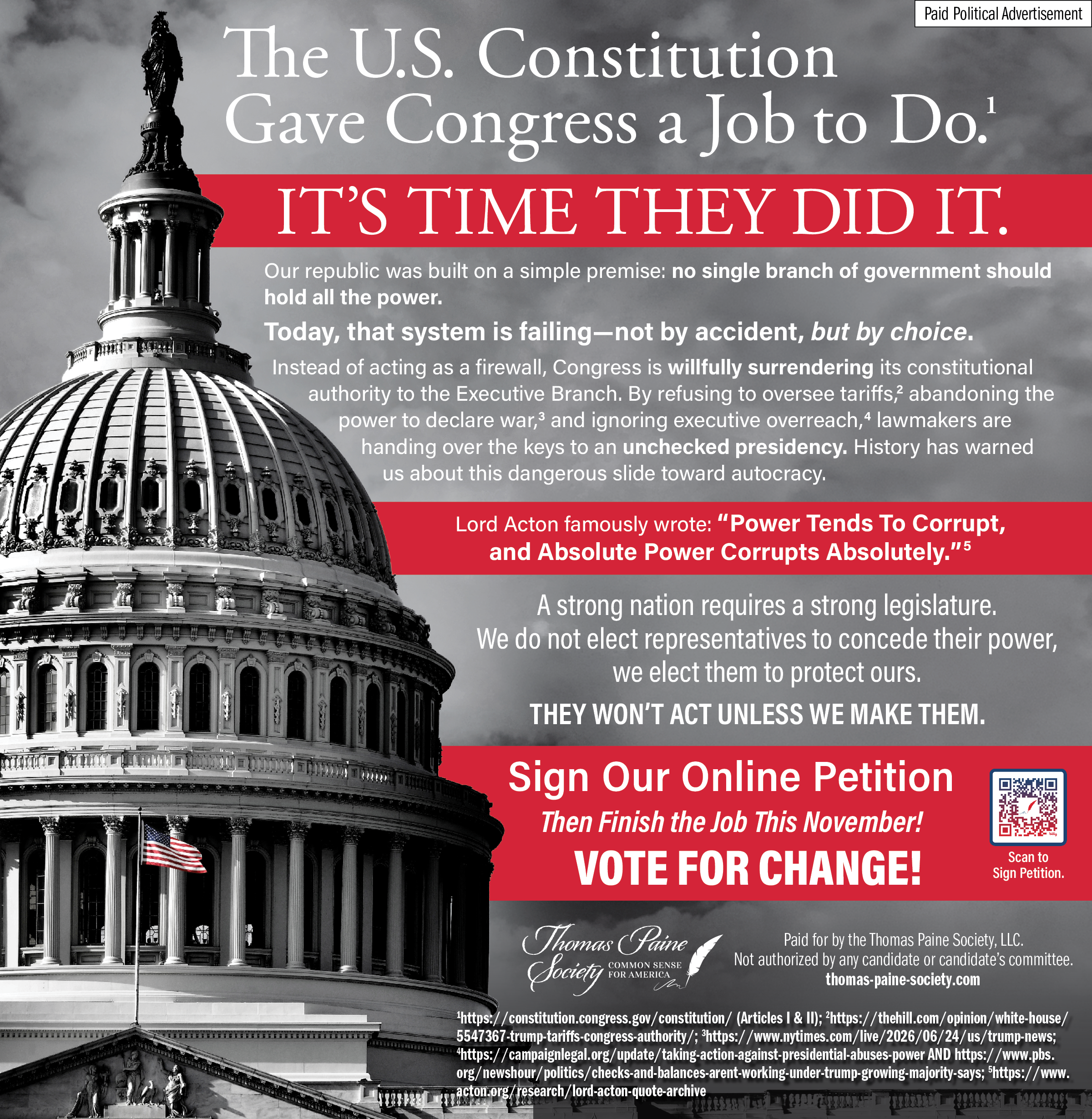 Black and white photo of the United States Capitol dome with an American flag flying in front. Overlaid text advocating for political change and encouraging people to sign an online petition.