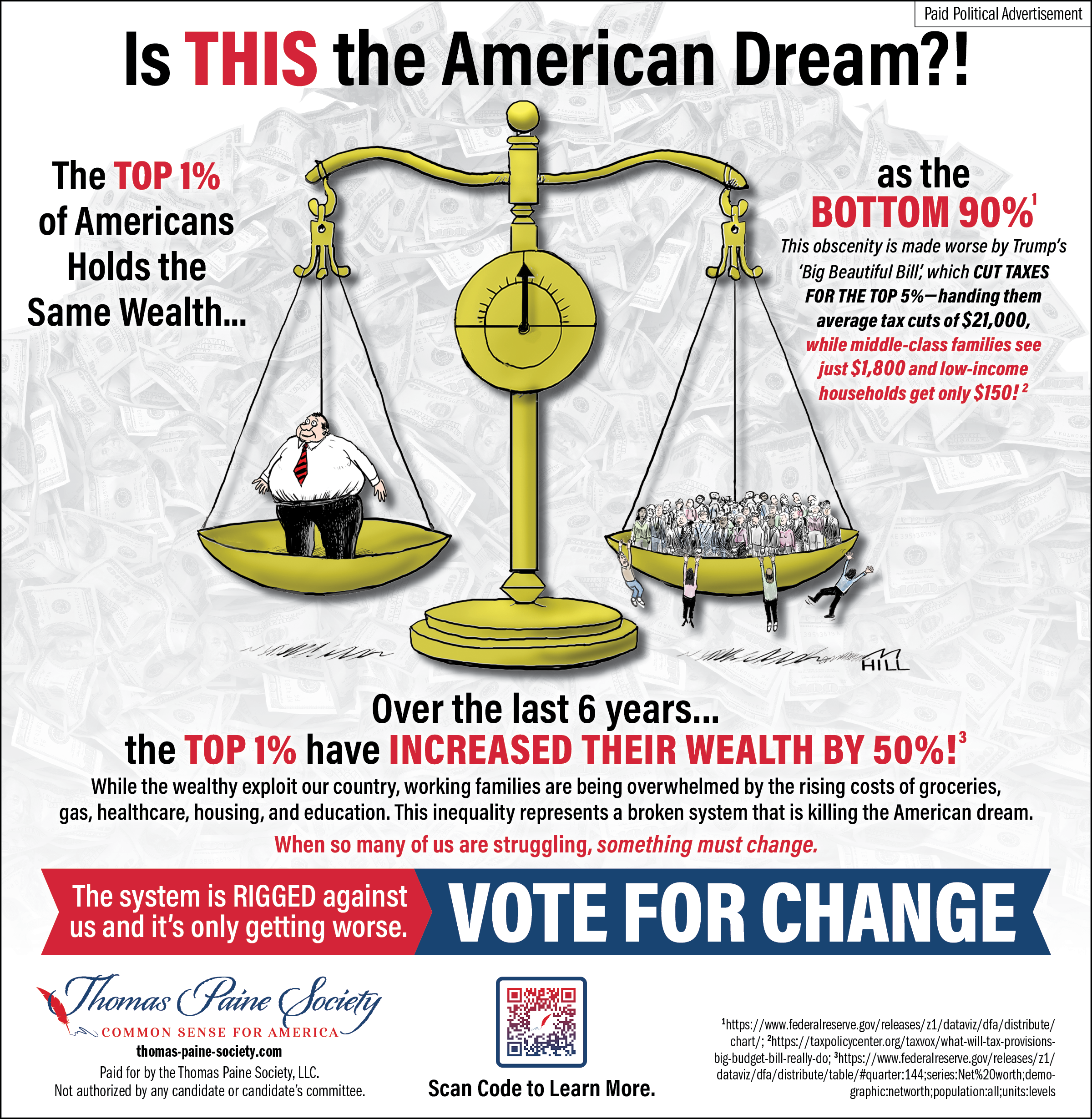 An infographic illustrating economic inequality in America, showing that the top 1% holds the same wealth as the bottom 90%, with a scale balanced by a figure representing the wealthy and a group representing the middle class and poor. The background has dollar bills and the text calls for change in the system.