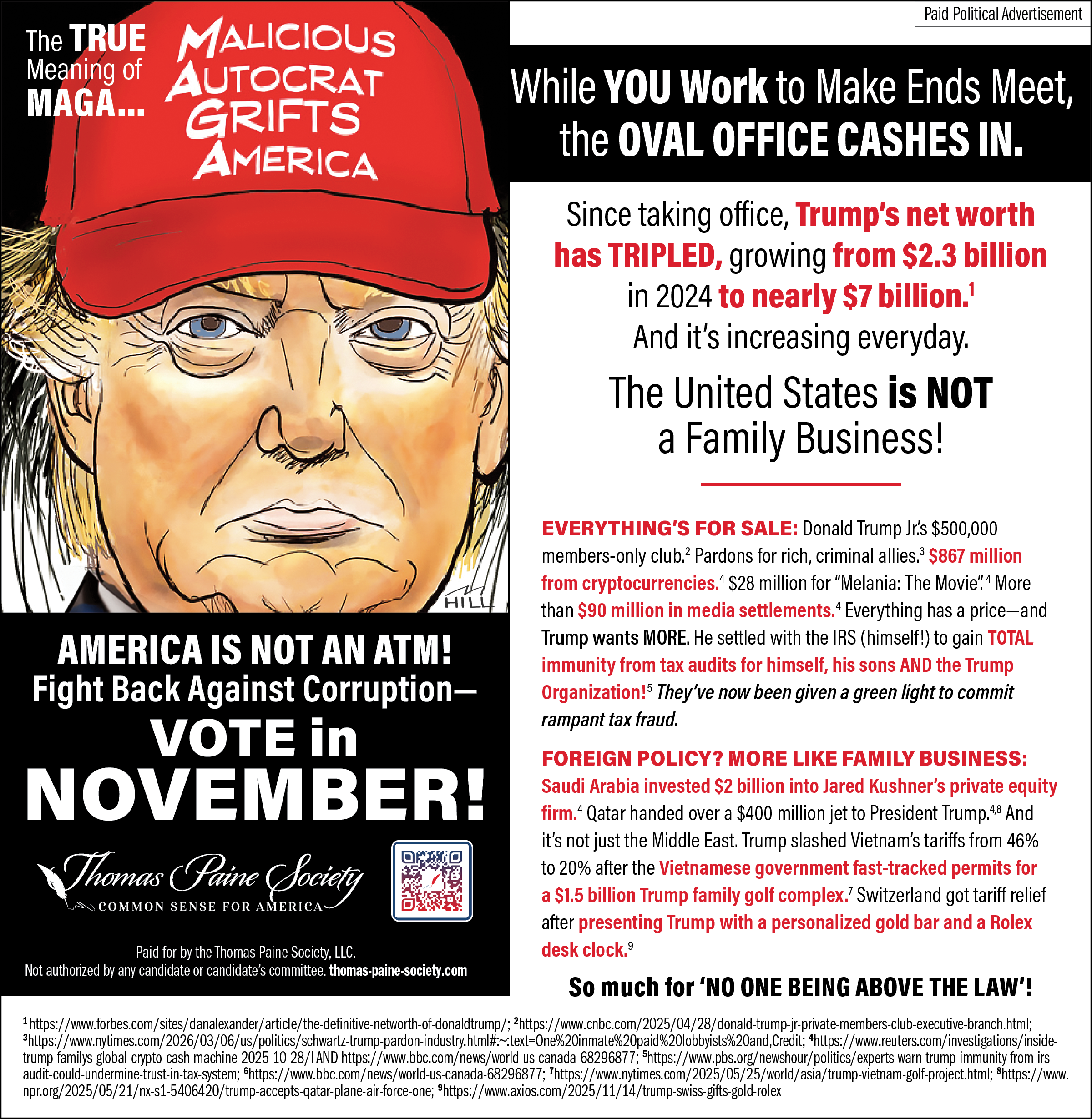 A political advertisement featuring a caricature of Donald Trump wearing a red baseball cap with the slogan "MALICIOUS AUTOCRAT GRAFTS AMERICA" and bold text promoting voting in November. The ad claims Trump’s net worth has tripled, highlights his financial dealings, and criticizes his influence and foreign policy, with a QR code at the bottom.