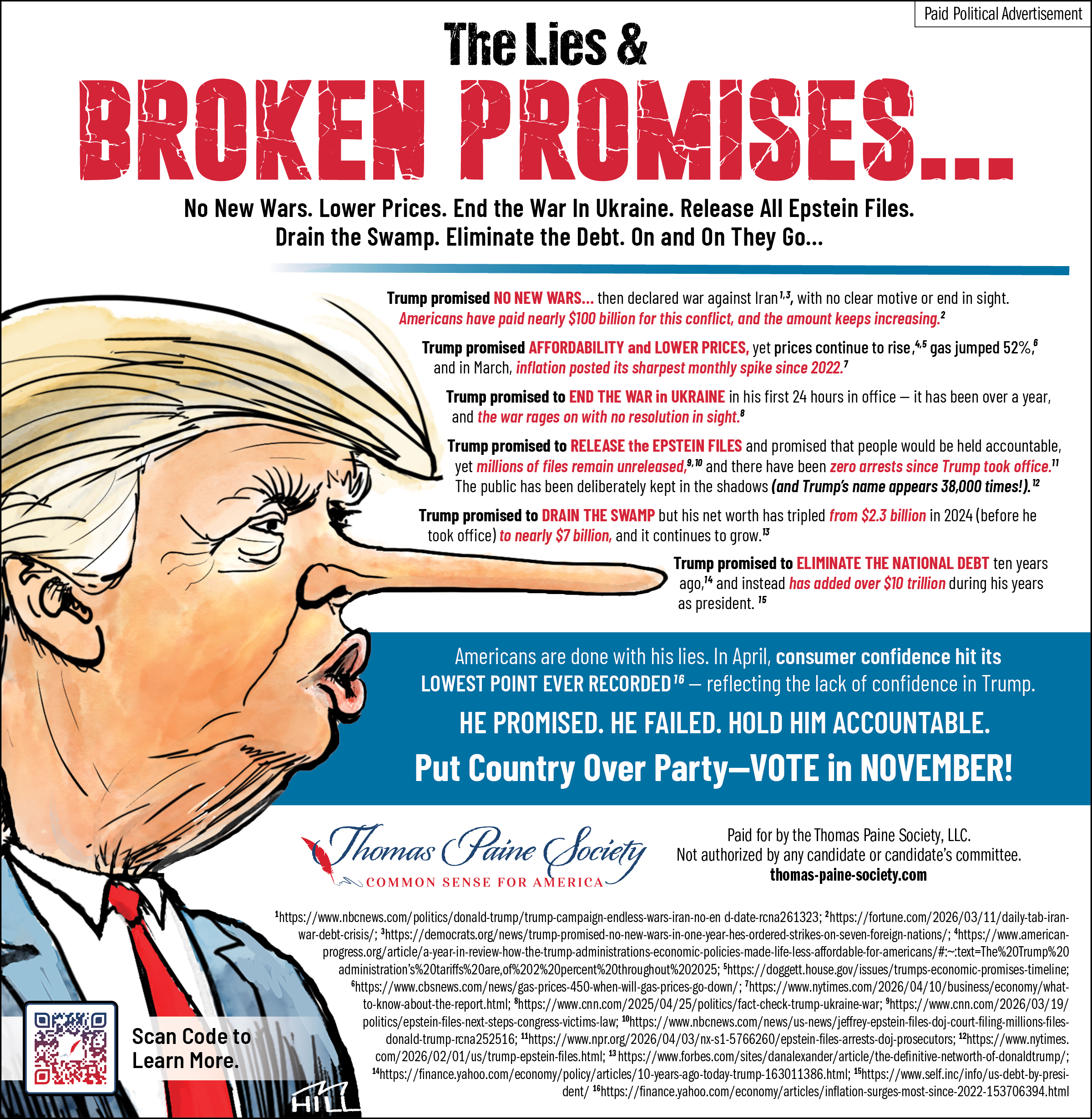 A political advertisement featuring a caricature of Donald Trump with exaggerated features, including his distinctive hairstyle and facial expression, with text promoting the campaign's messages about opposing wars, reducing debt, and voting in November, along with a QR code for more information.