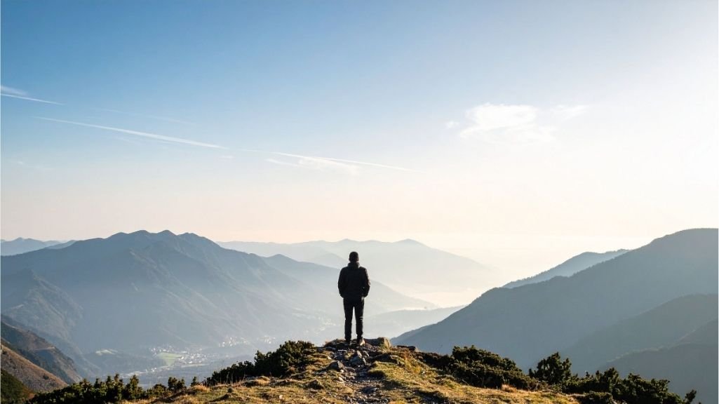 A person standing on a mountain top overlooking a valley and distant mountains with a partly cloudy sky.