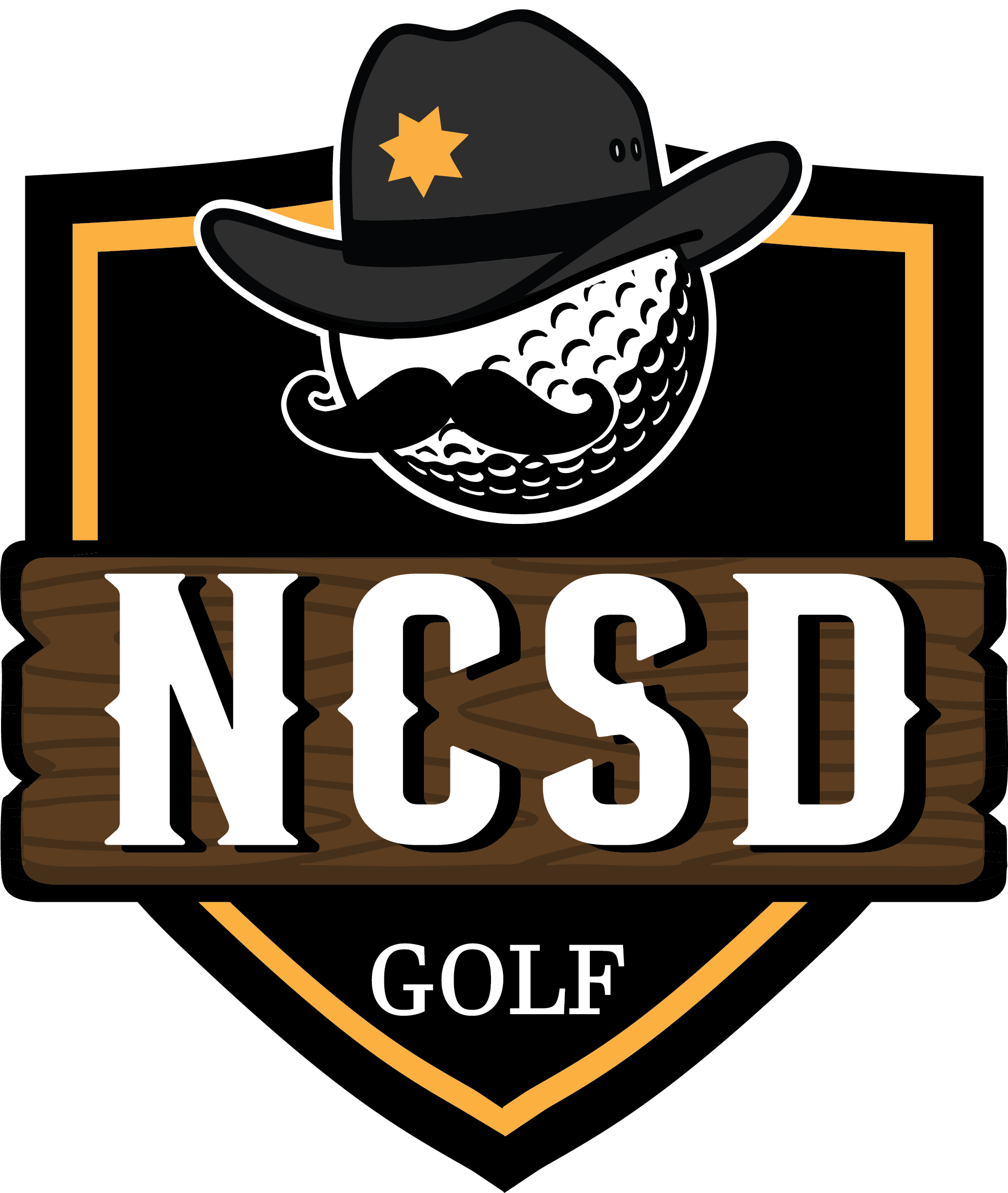 Logo featuring a golf ball with a cowboy hat, mustache, and sheriff badge, and the words 'NCSD GOLF' on a wooden plaque, all in front of a shield. "The core logo".