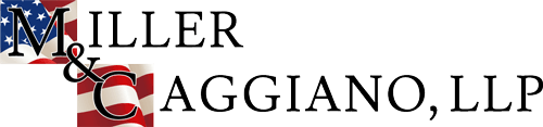 Logo for Miller & Gaggino, LLP, featuring the letters M and G with an American flag design.