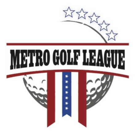 Logo of Metro Golf League featuring a golf ball, stars, and red, white, and blue ribbons.