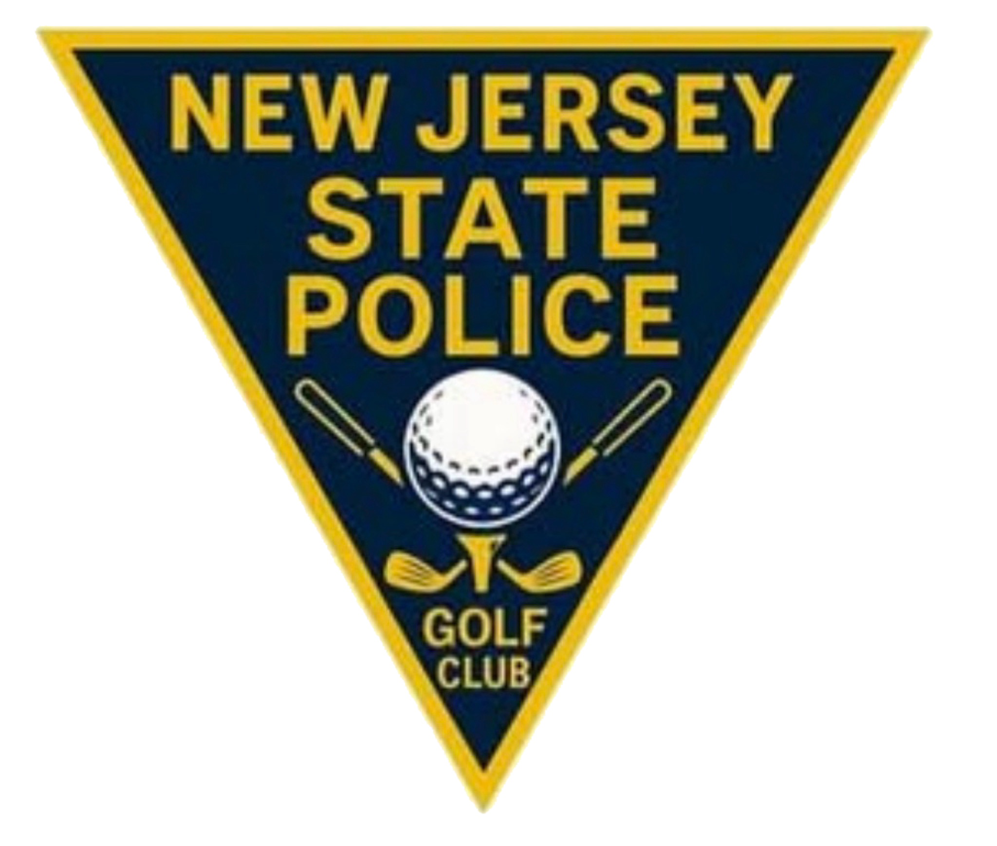 Triangular patch with a dark blue background and yellow border, featuring the text 'New Jersey State Police Golf Club' and a golf ball with two crossed golf clubs.