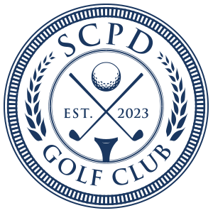 Circular logo for SCPD Golf Club, established in 2023, featuring a golf ball, a golf tee, a heart, and laurel branches.