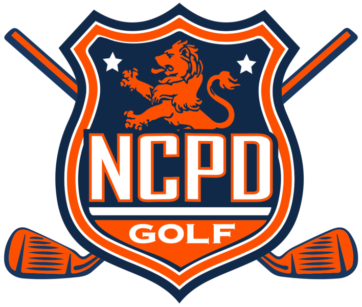 A sports logo featuring a shield with a lion and stars, with the text 'NCPD GOLF' and two golf clubs crossed behind it.