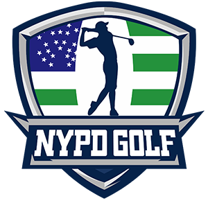 A logo for NYPD Golf featuring a golfer silhouette in front of an American flag with green and white stripes.
