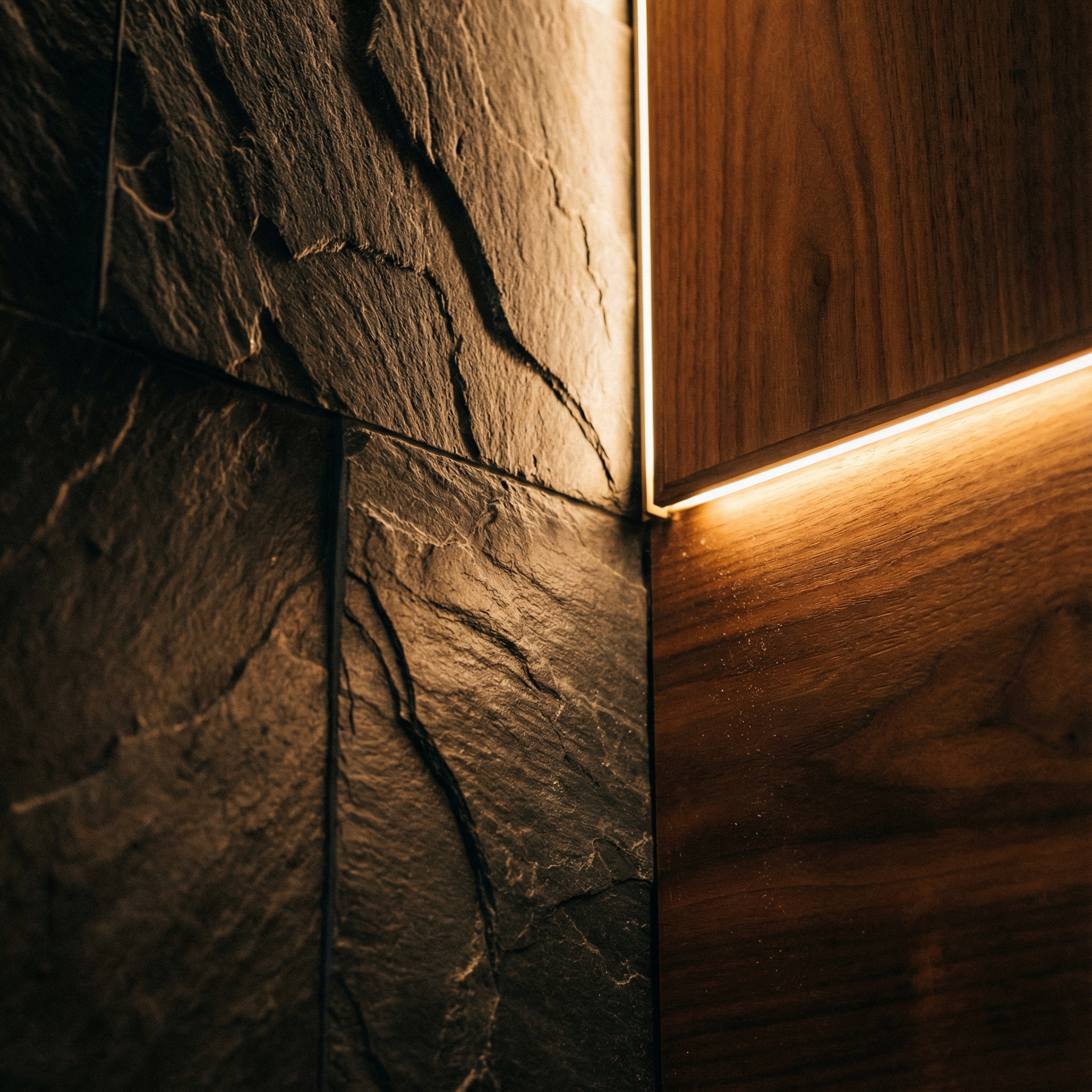 Close-up of interior corner with textured stone wall and wooden panel illuminated by hidden LED light.