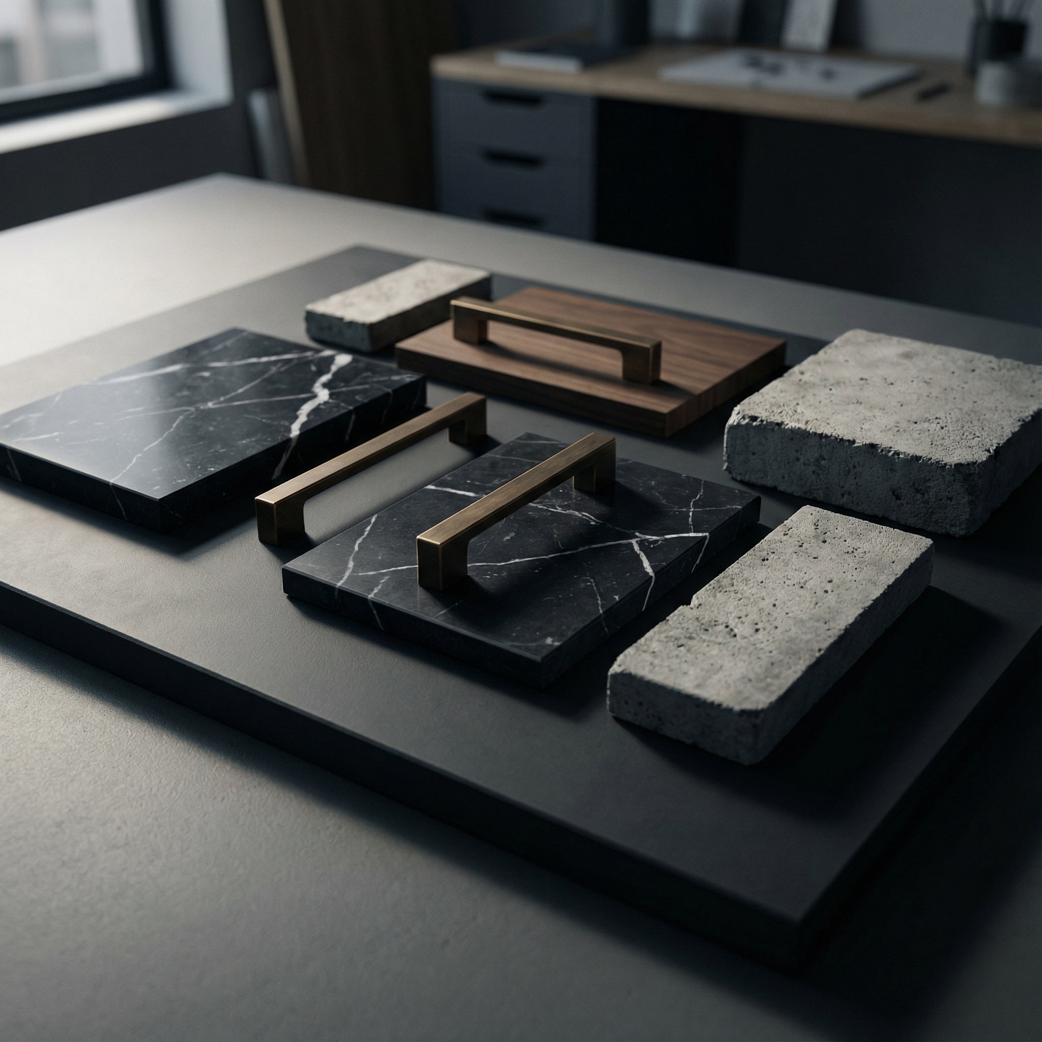 Samples of black marble, wood, concrete, and plaster samples with metal handles on a work table under natural light.