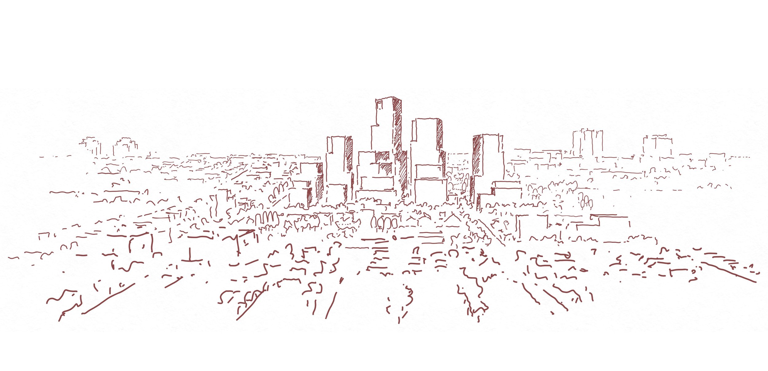 Line drawing of a city skyline with tall skyscrapers in the center and smaller buildings around, seen from an elevated perspective.