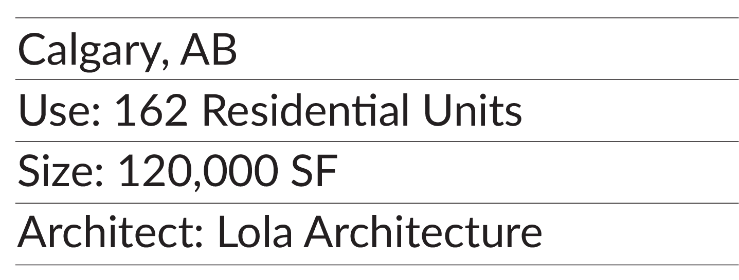 Information about a residential building in Calgary, Alberta, with 162 units, covering 120,000 square feet, designed by Lola Architecture.