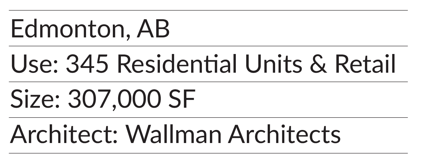 Text-based informational sign about a building in Edmonton, AB, with details on its use, size, and architect.