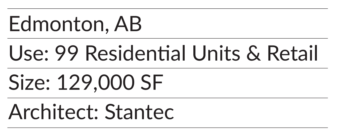 Text overlay describing a real estate property in Edmonton, AB, used for 99 residential units and retail, with 129,000 square feet, designed by Stantec.