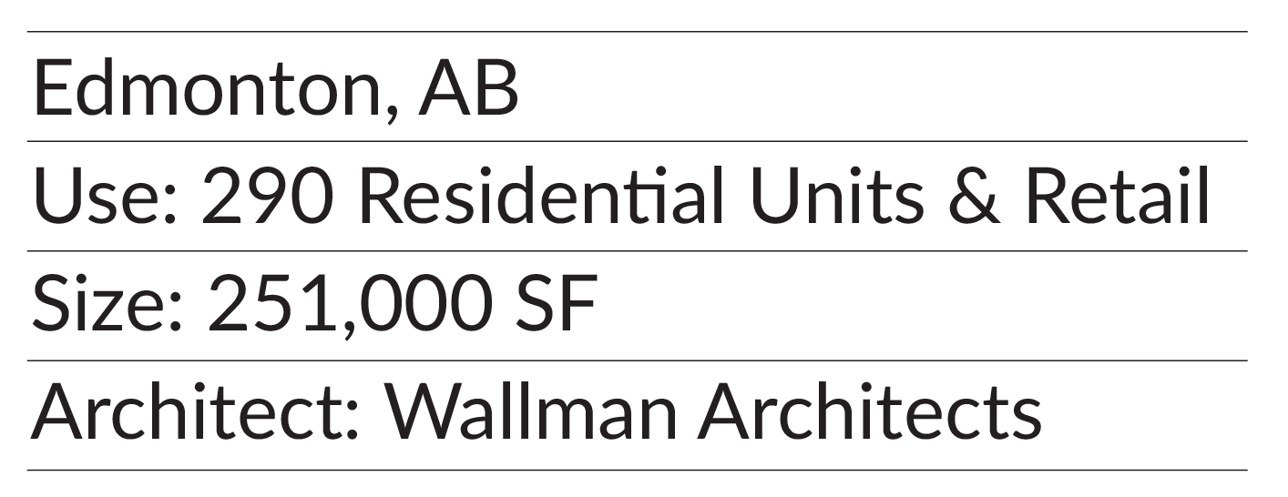 Text details about a property in Edmonton, AB, including the use for 290 residential units and retail, with a size of 251,000 square feet, designed by Wallman Architects.