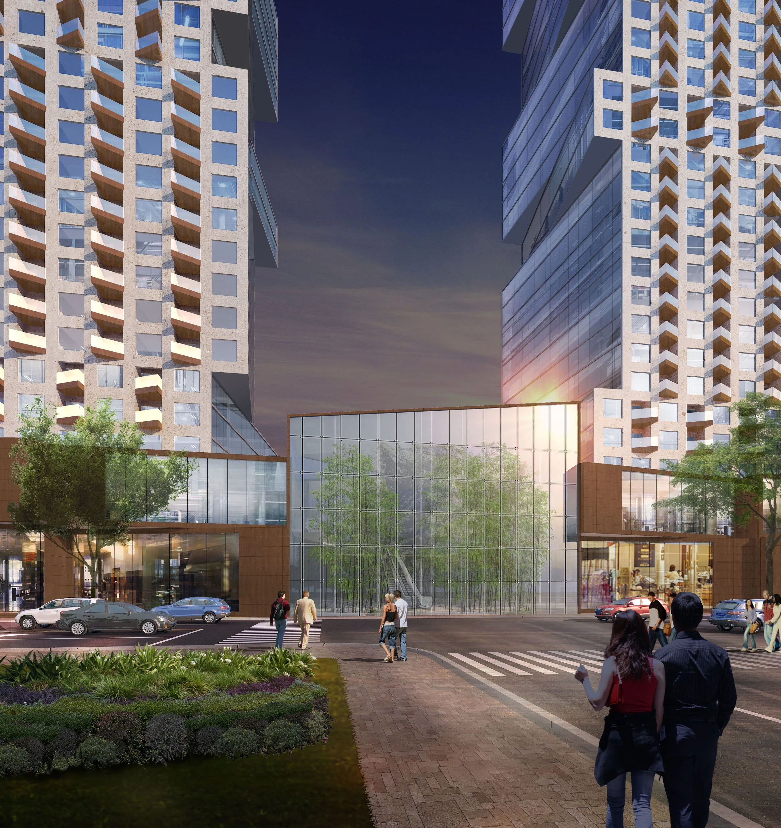 Modern skyscrapers with glass facades and balconies, a glass entrance with trees inside, people walking on the sidewalk, parked cars, and a sunset sky.