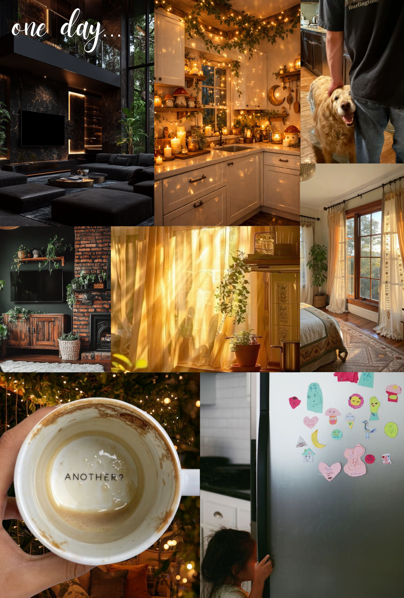 A collage of cozy home scenes, including a modern living room, a decorated kitchen with candles, a person petting a dog, a room with large windows and curtains, a fireplace with greenery, sunlight streaming through curtains, a coffee mug with the words "Another?", a child looking at a refrigerator with drawings, and various indoor plants and decorations.