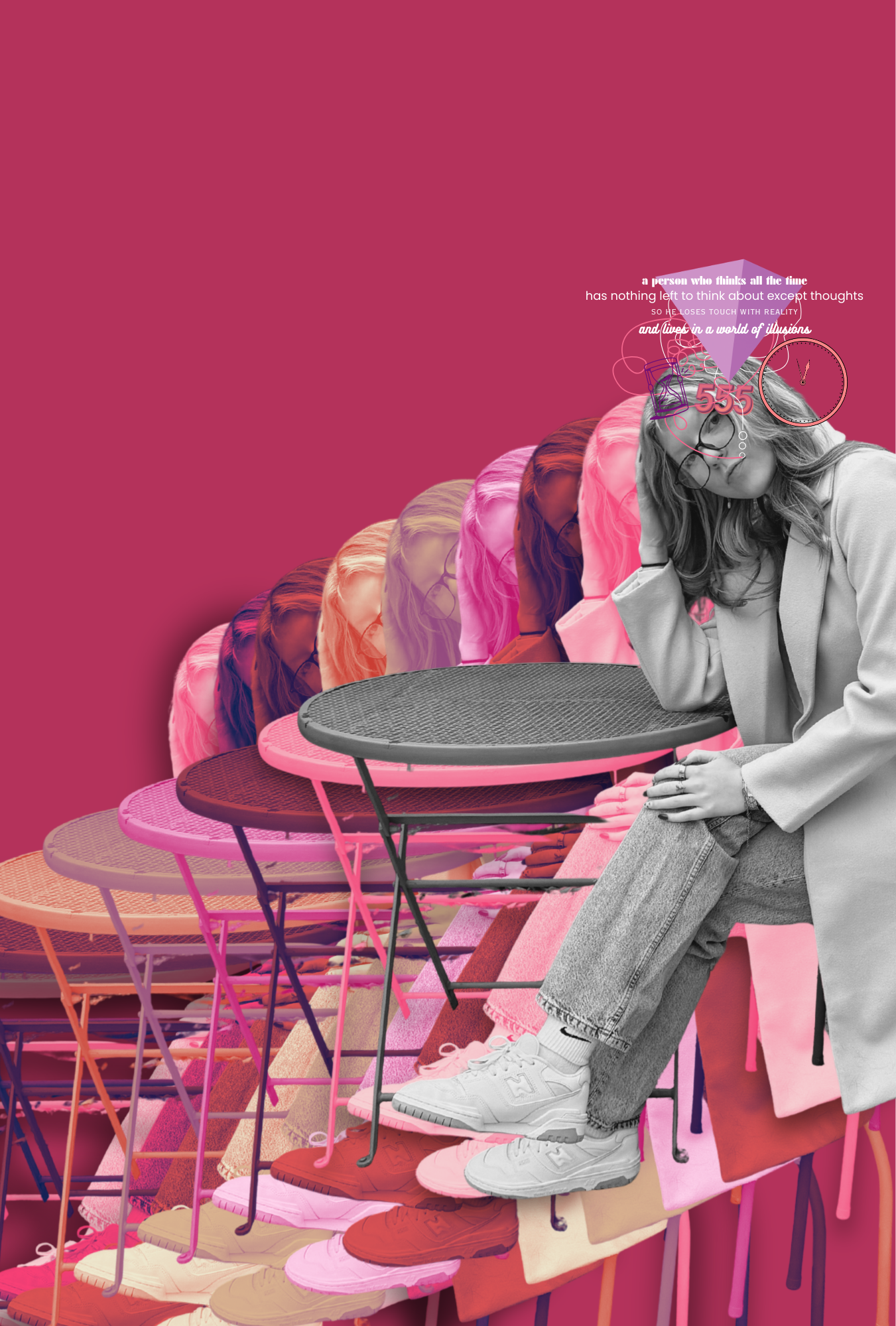 Several images of Bri are layered together, creating a surreal, abstract foreground.  There is a pink, featureless background with a small amount of text near her head.