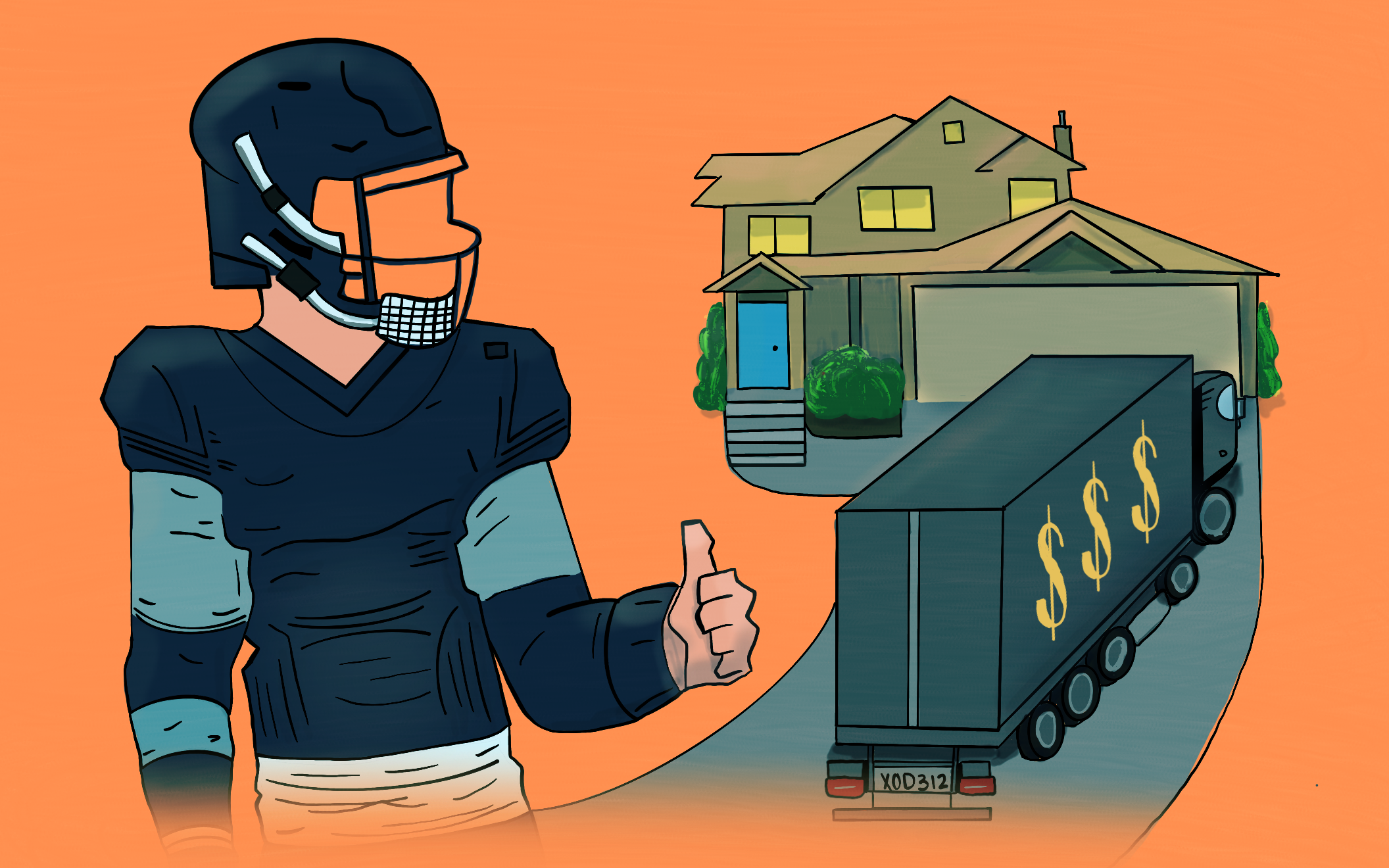 A digital drawing of a person wearing a football jersey & helmet giving a thumbs up next to a truck with dollar signs on its side, and a nice house in the background.