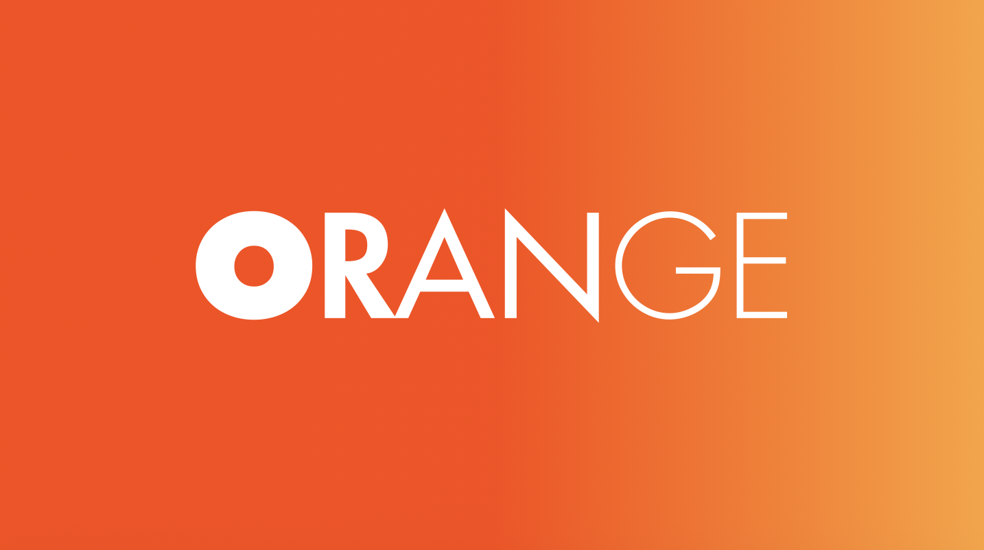 The word "Orange" in white text going from bold to skinny text on a dark to light, left to right, gradient