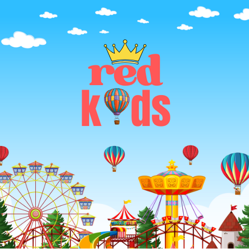 Amusement park with a Ferris wheel and rides, under a blue sky with clouds, featuring the words "red kids" with a crown and hot air balloons.