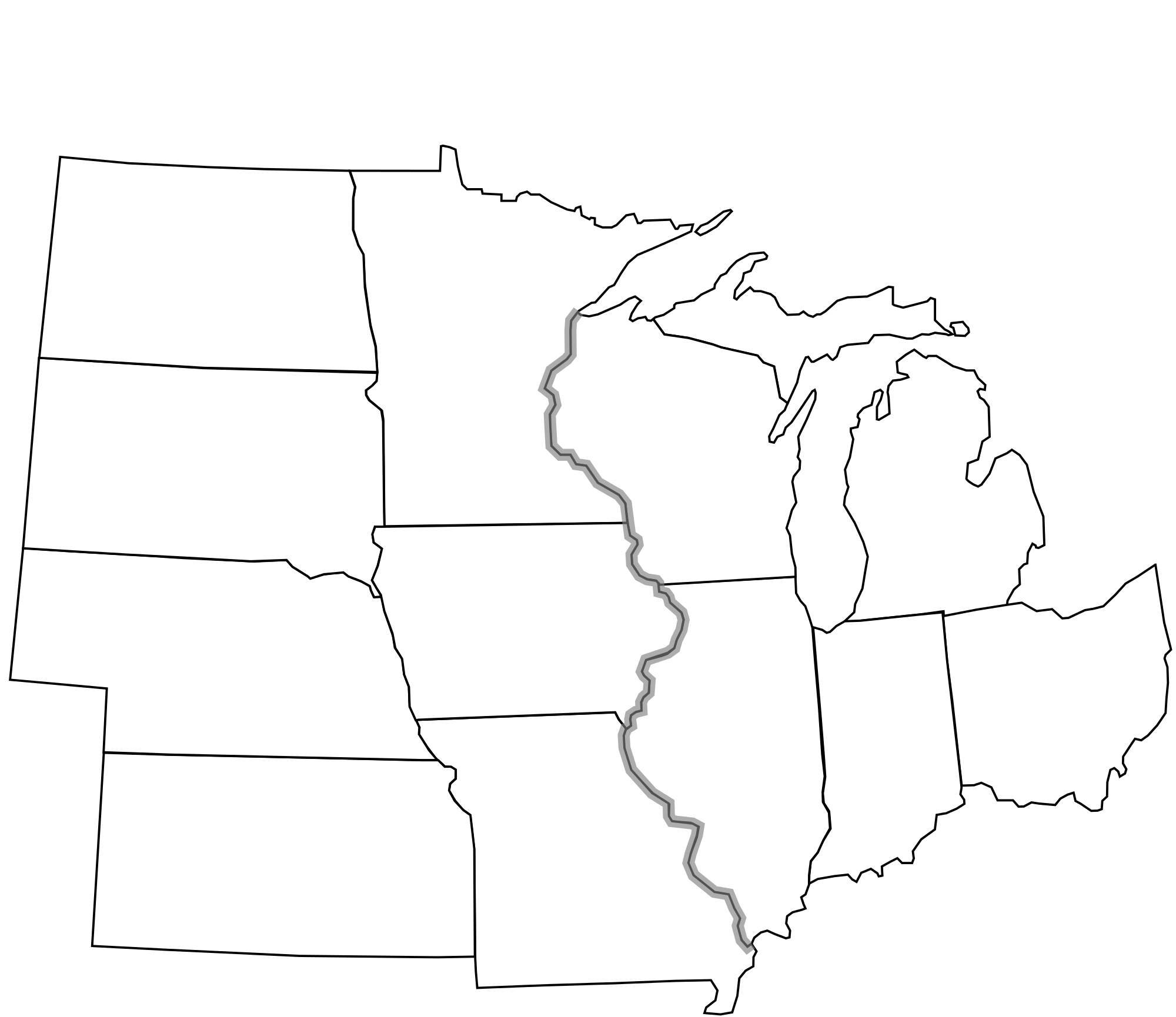 Map showing the states of Michigan, Illinois, Indiana, Ohio, Kentucky, Wisconsin, Minnesota, Iowa, Missouri, Arkansas, Louisiana, Mississippi, Alabama, Georgia, Tennessee, North Carolina, South Carolina, Florida, Texas, Oklahoma, and Nebraska with a highlighted border along the Mississippi River.