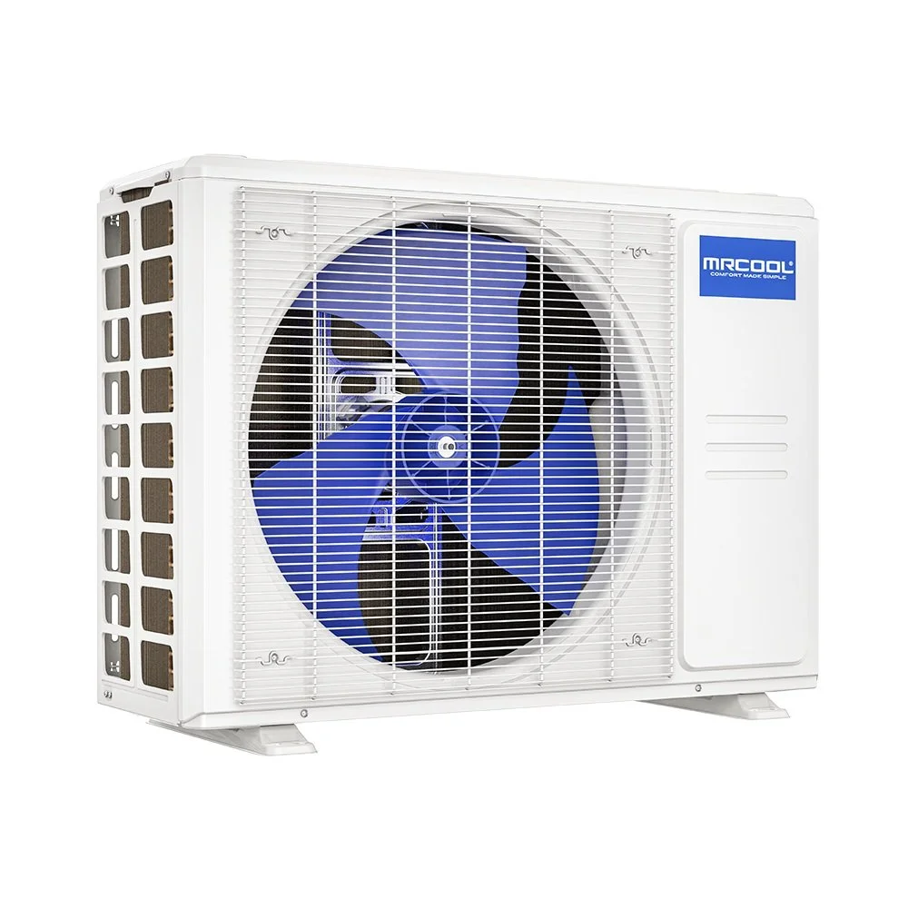 White air conditioning unit with blue fan blades visible behind a protective grill, and a blue logo that reads 'MRCOOL' on the front.