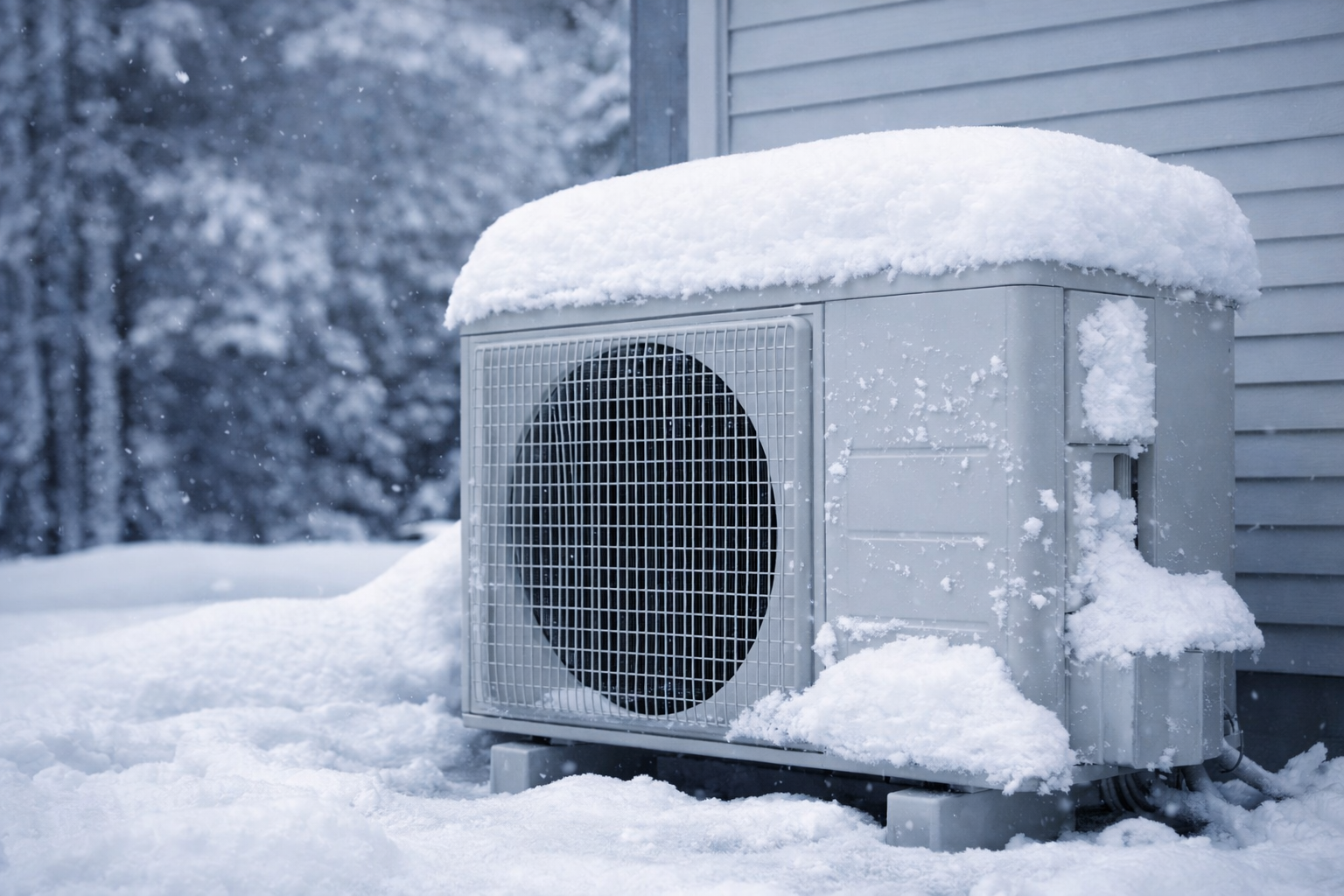 An outdoor HVAC unit covered in snow next to a house with snow on the ground and snow-covered trees in the background.