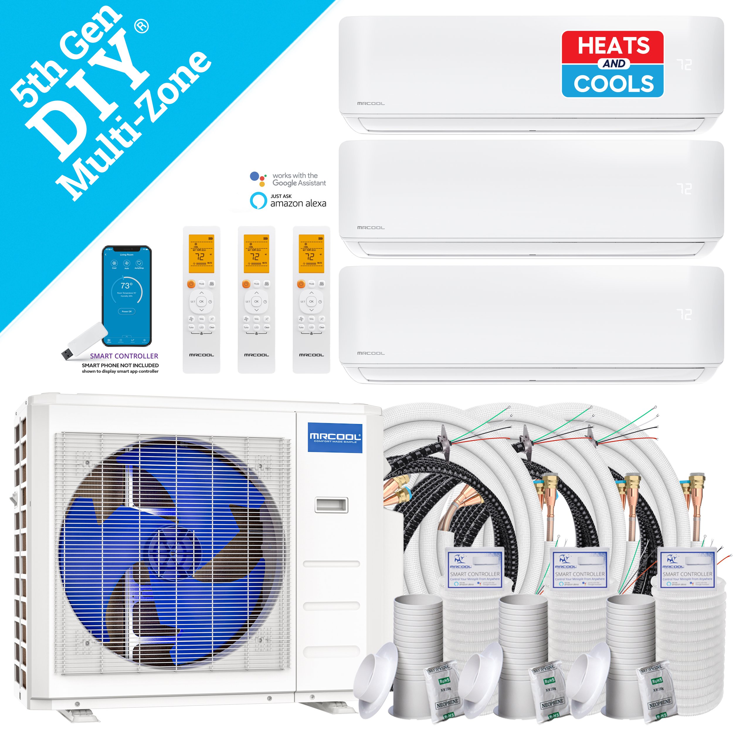 A complete DIY multi-zone HVAC system including three wall-mounted air conditioners, an outdoor unit, remote controls, a smart phone app controller, and various duct and piping components.