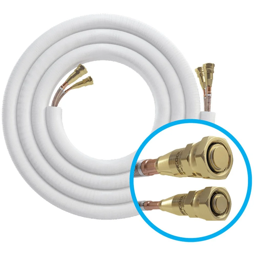 A white vacuum hose coiled with gold-plated fittings and a close-up of the connectors.