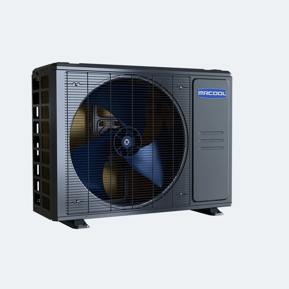 An air conditioning unit with a large fan and protective grill, branded MRCOOL, shown against a plain background.