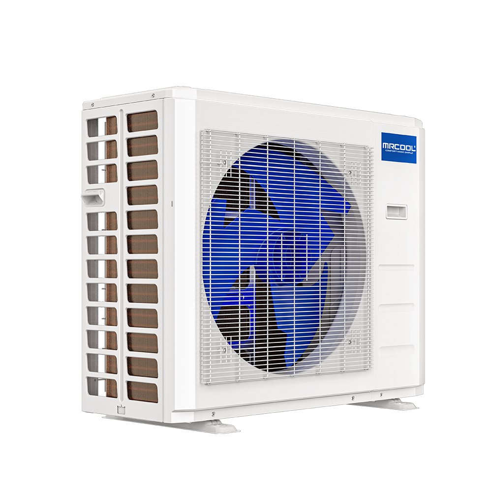 White outdoor HVAC unit with a blue fan and grille, branded 'MRCOOL'.