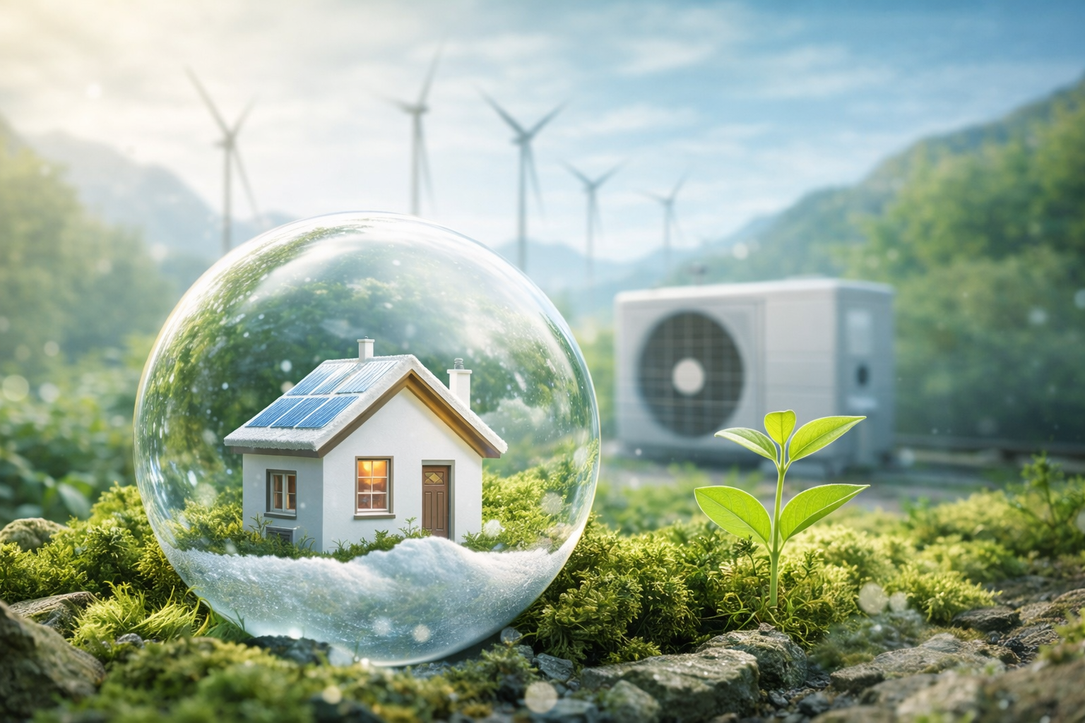 Small house with solar panels inside a glass sphere on green moss, with a sprout nearby, wind turbines and mountains in the background.