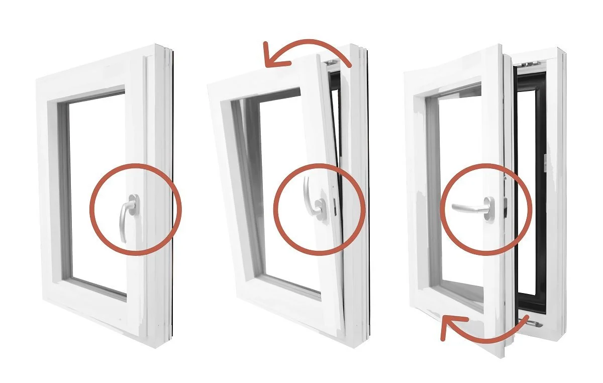Diagram showing how to open a window: first, hold the handle and pull it open; second, tilt the window inward; third, slide the window to the side.