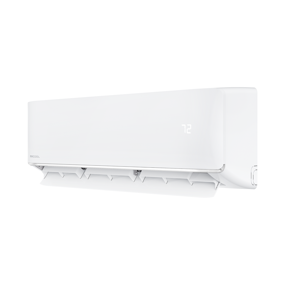 White wall-mounted air conditioner with a digital display showing temperature 72 degrees.