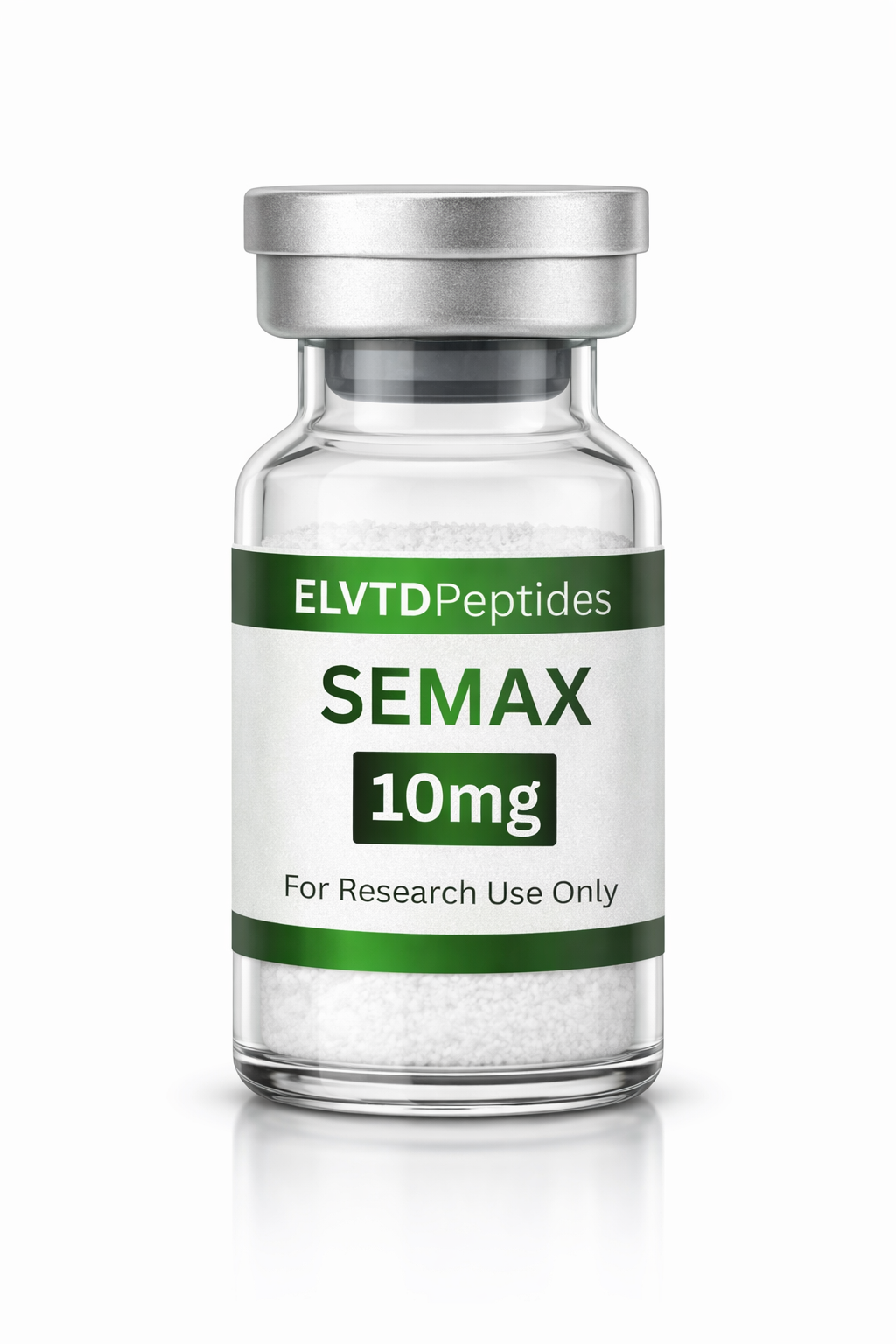 A small glass vial containing white powder, labeled 'ELVTD Peptides SEMAX 10mg For Research Use Only'.