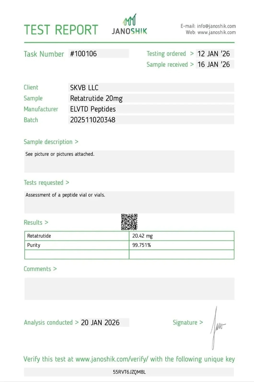 Laboratory report titled "Test Report" with details of sample, client, manufacturer, batch, and test results for retatrutide 20mg, including a QR code and signature.